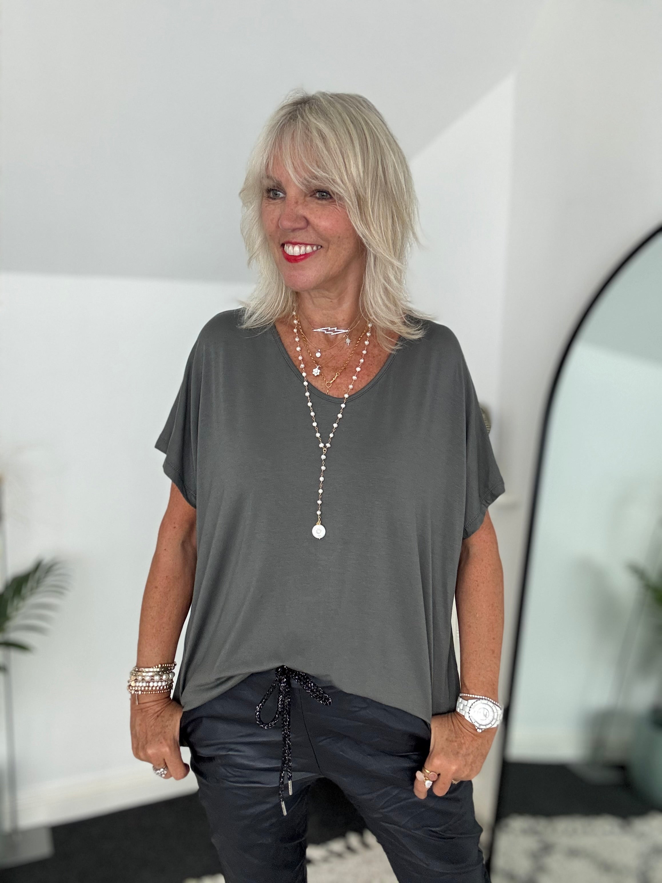 Oversized V Neck Tee in Khaki Grey