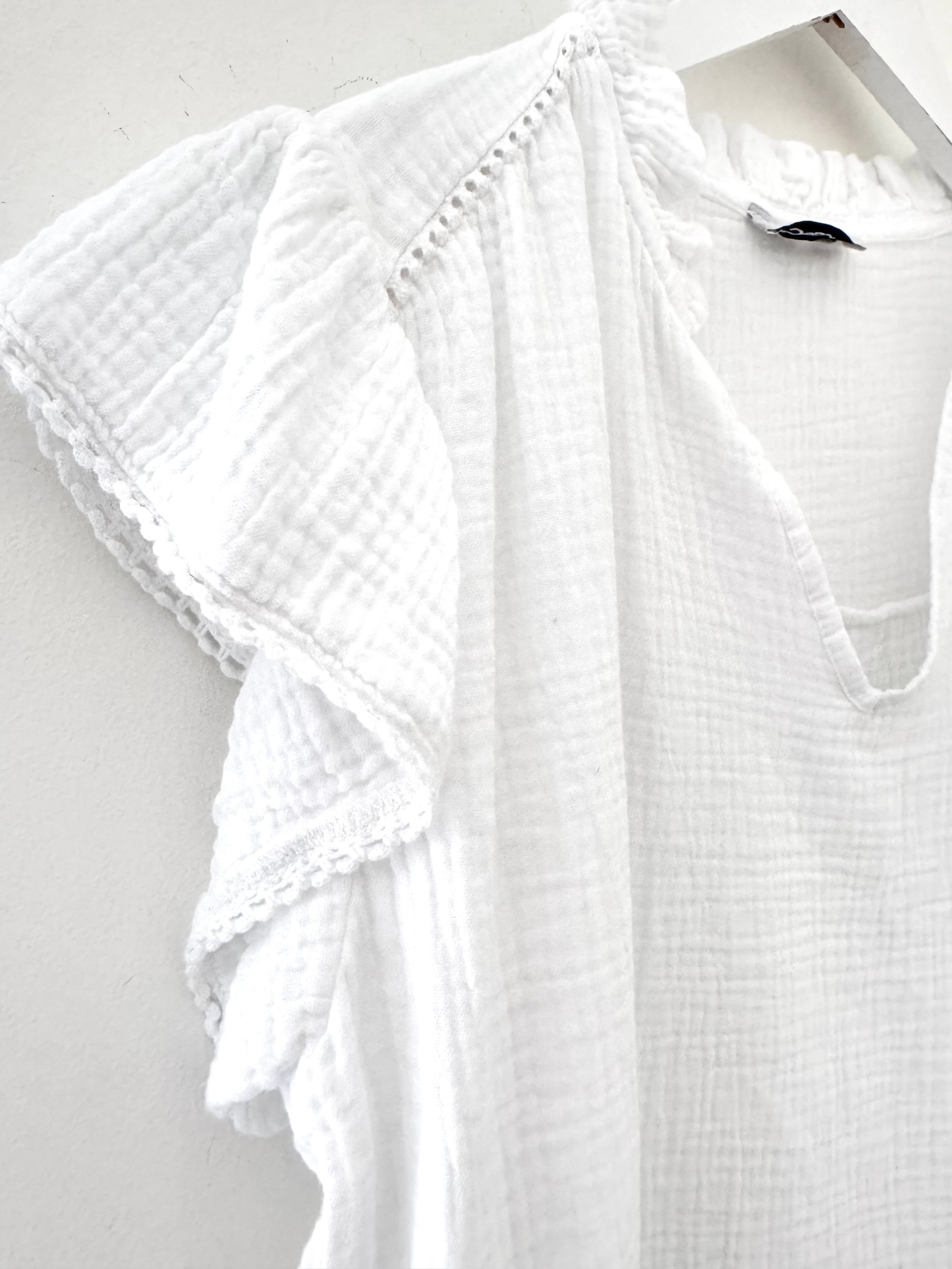 Cheesecloth Top with Ruffle Sleeves in White