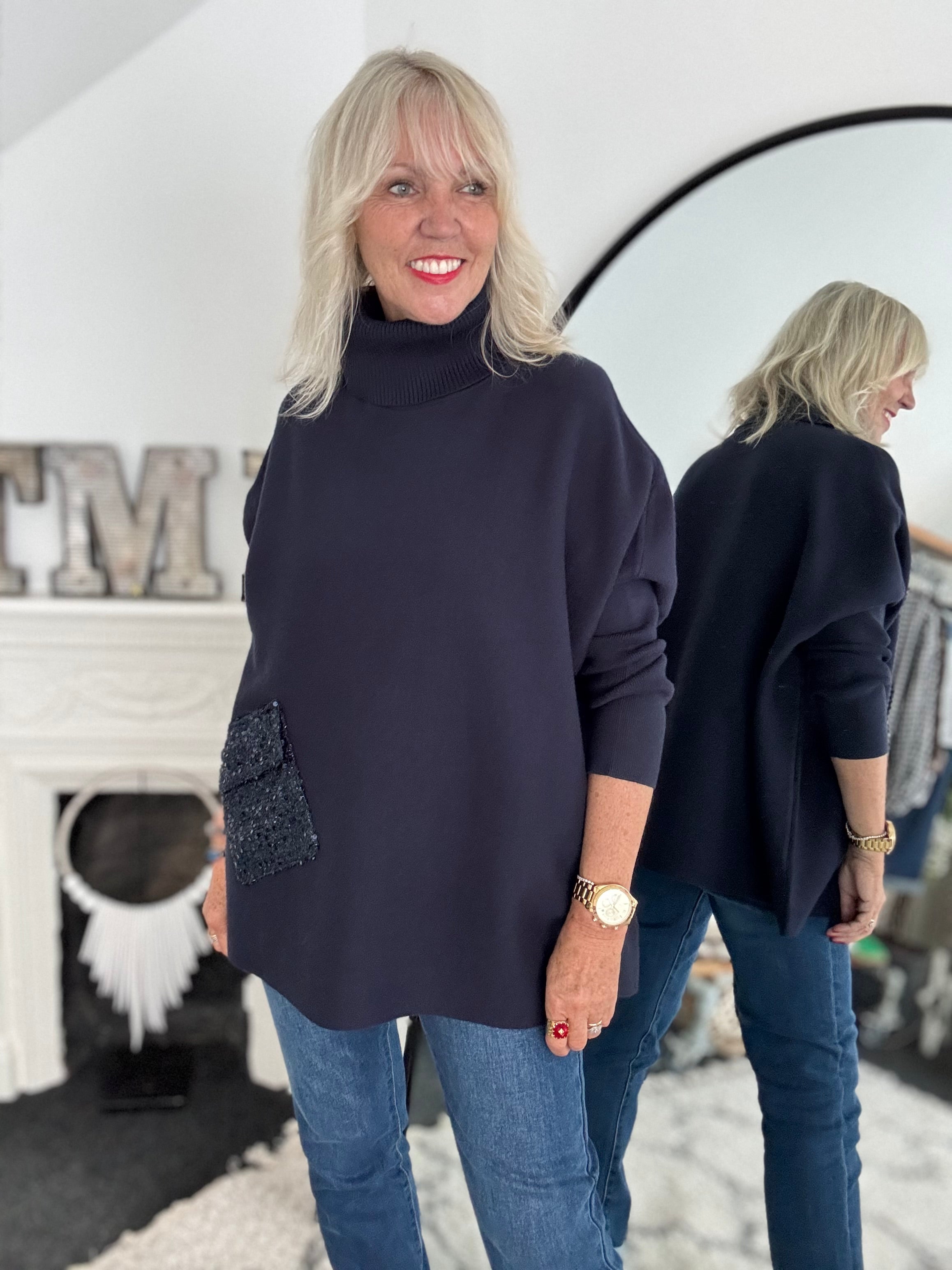 Oversized Roll Neck Poncho Jumper in Ink
