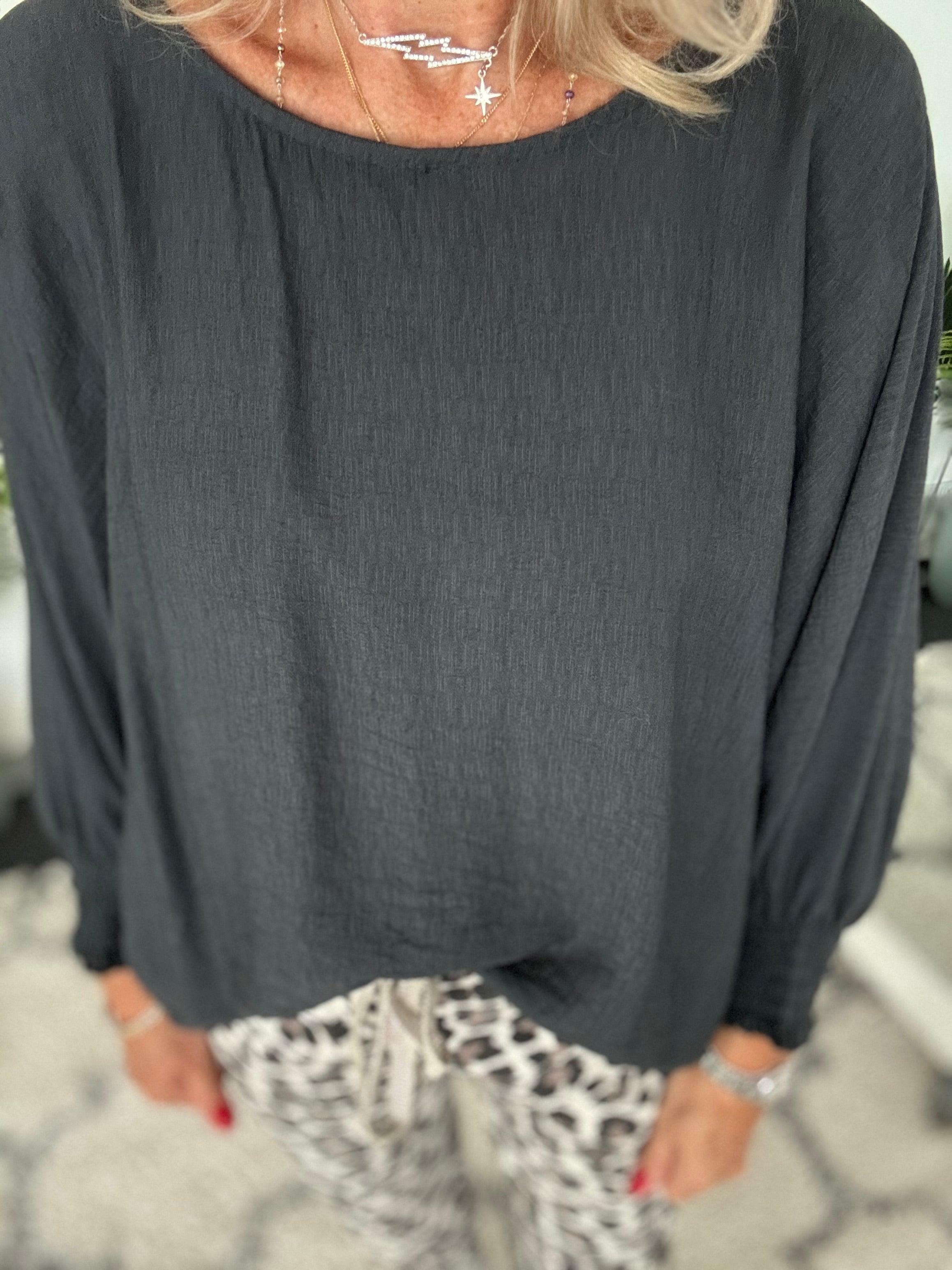 Crepe Top with Shirred Cuffs in Anthracite