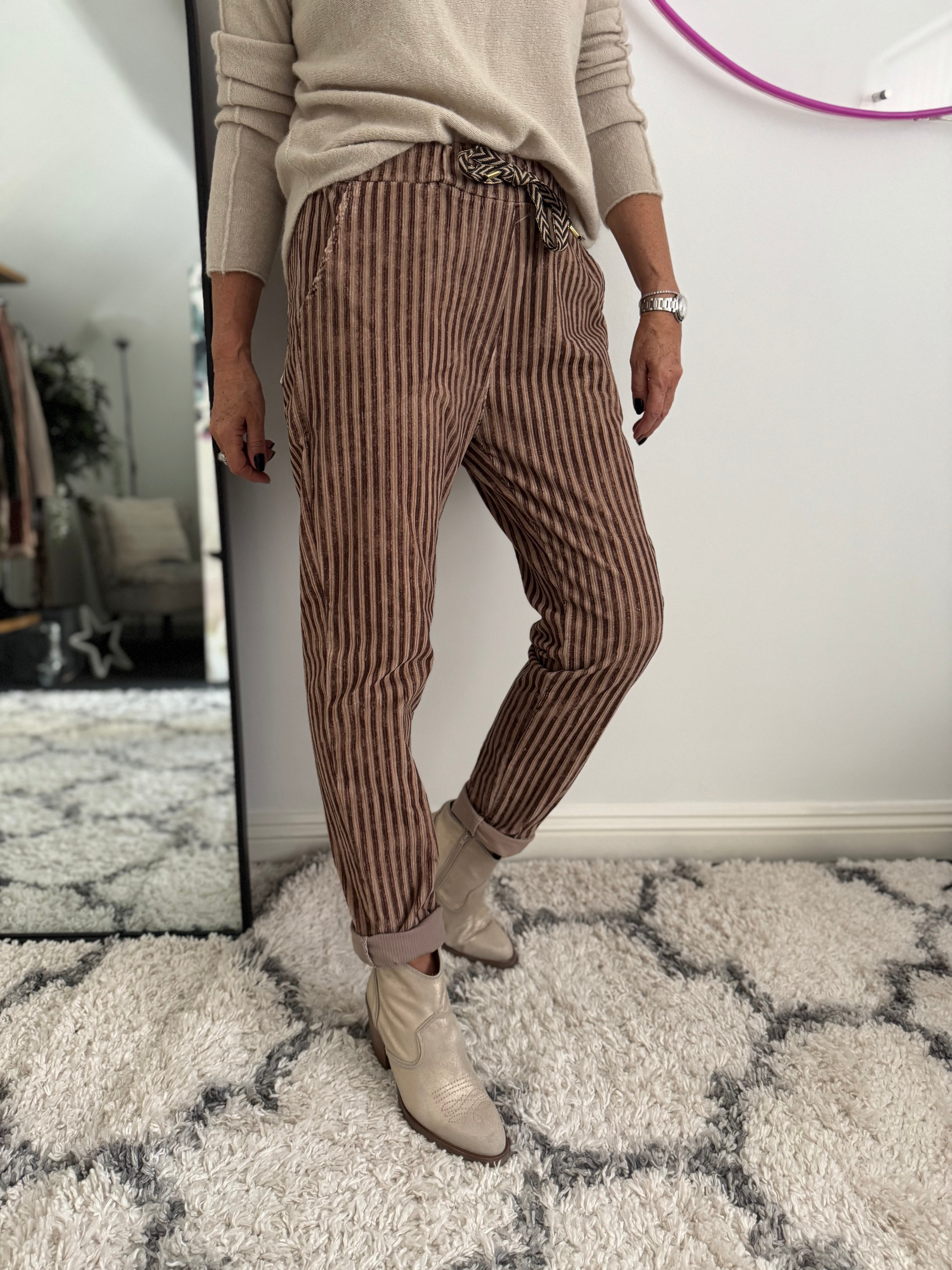 Chenille Cord Joggers in Mocha & Cocoa Stripe