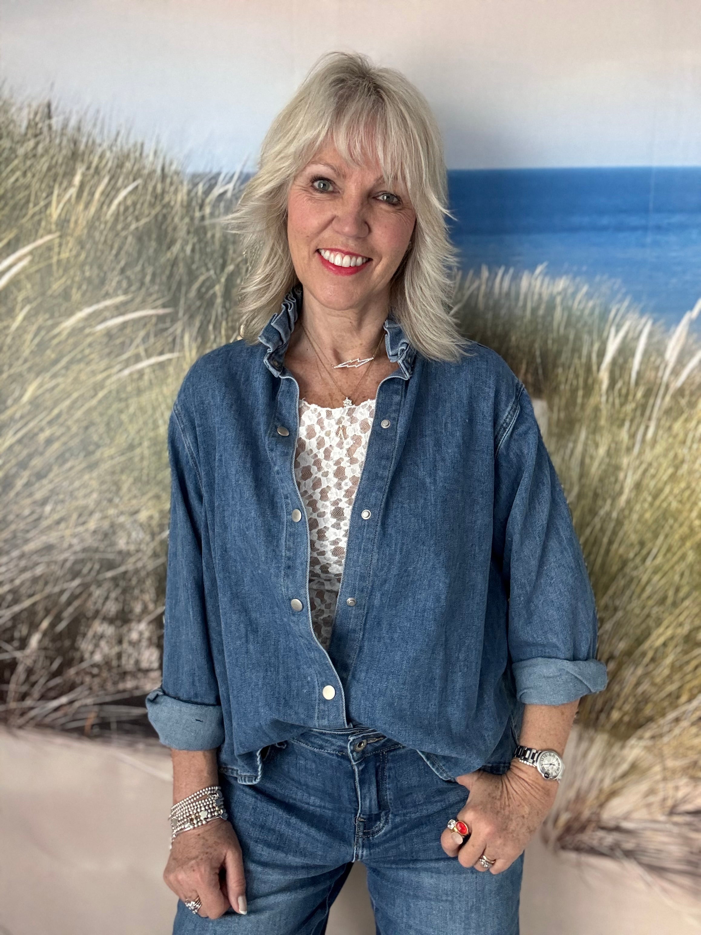 Soft Denim Shirt with Ruffle Collar