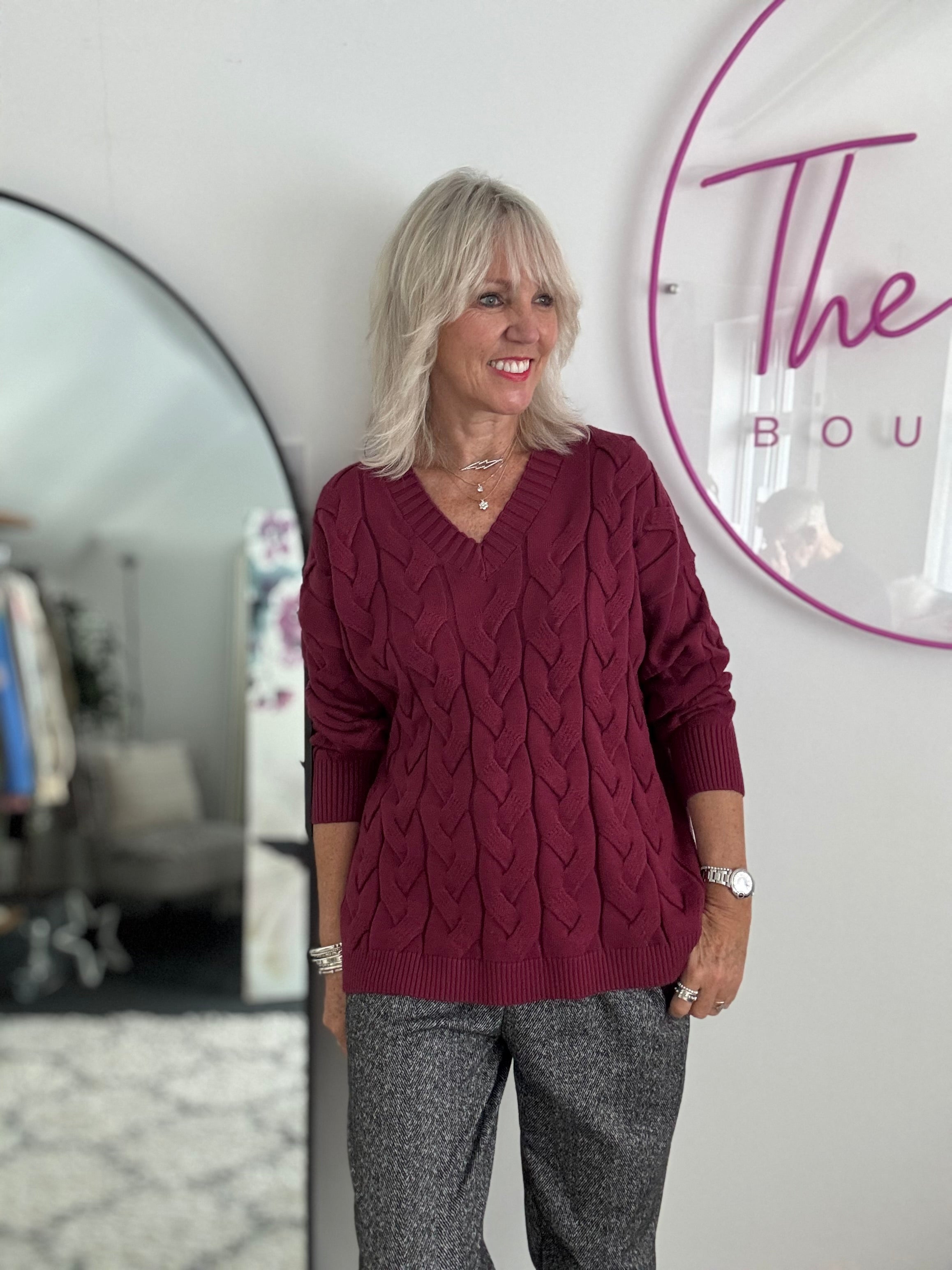 V Neck Cable Jumper in Berry