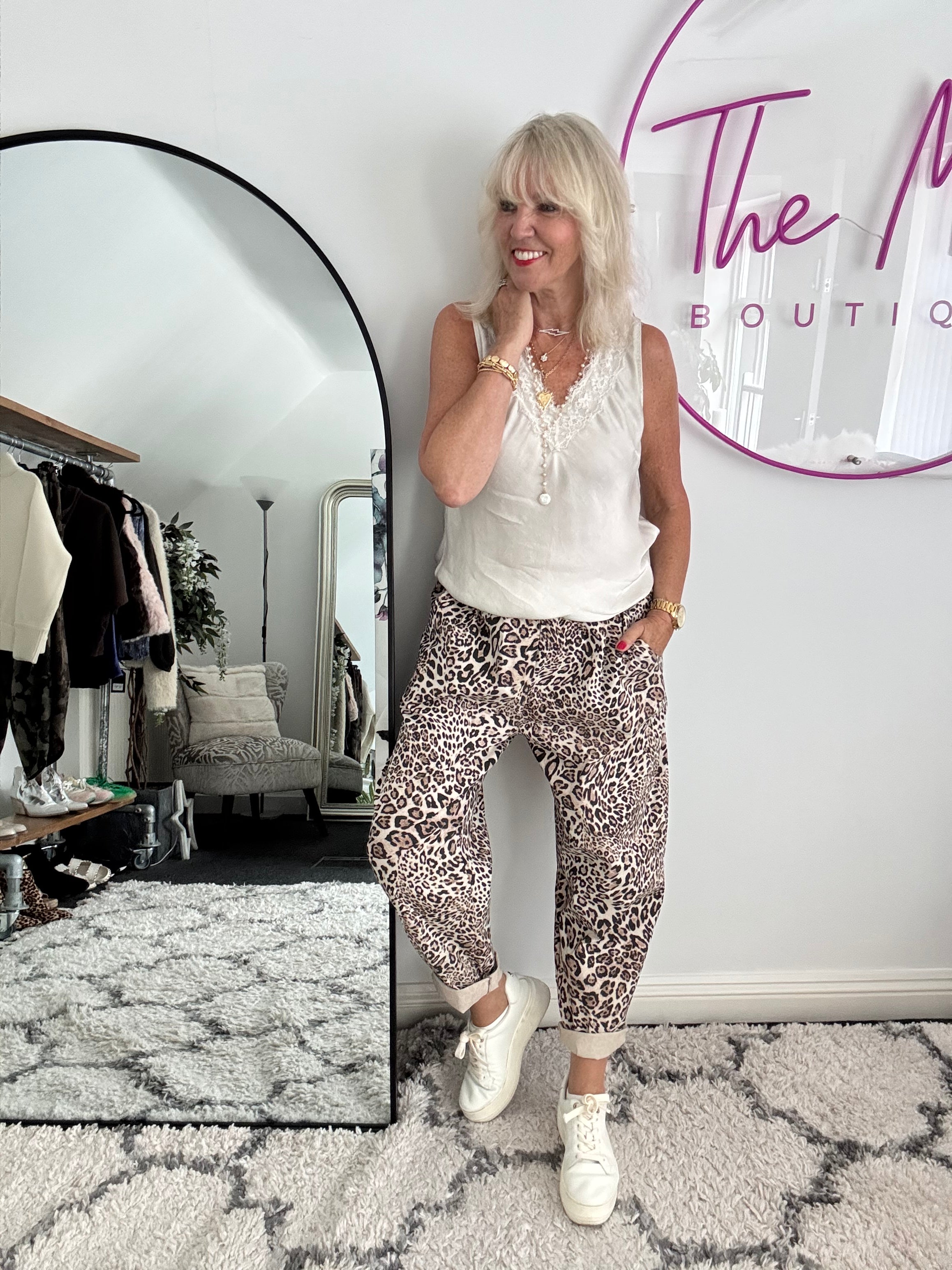 Super Stretch Loose Joggers in Stone Leopard