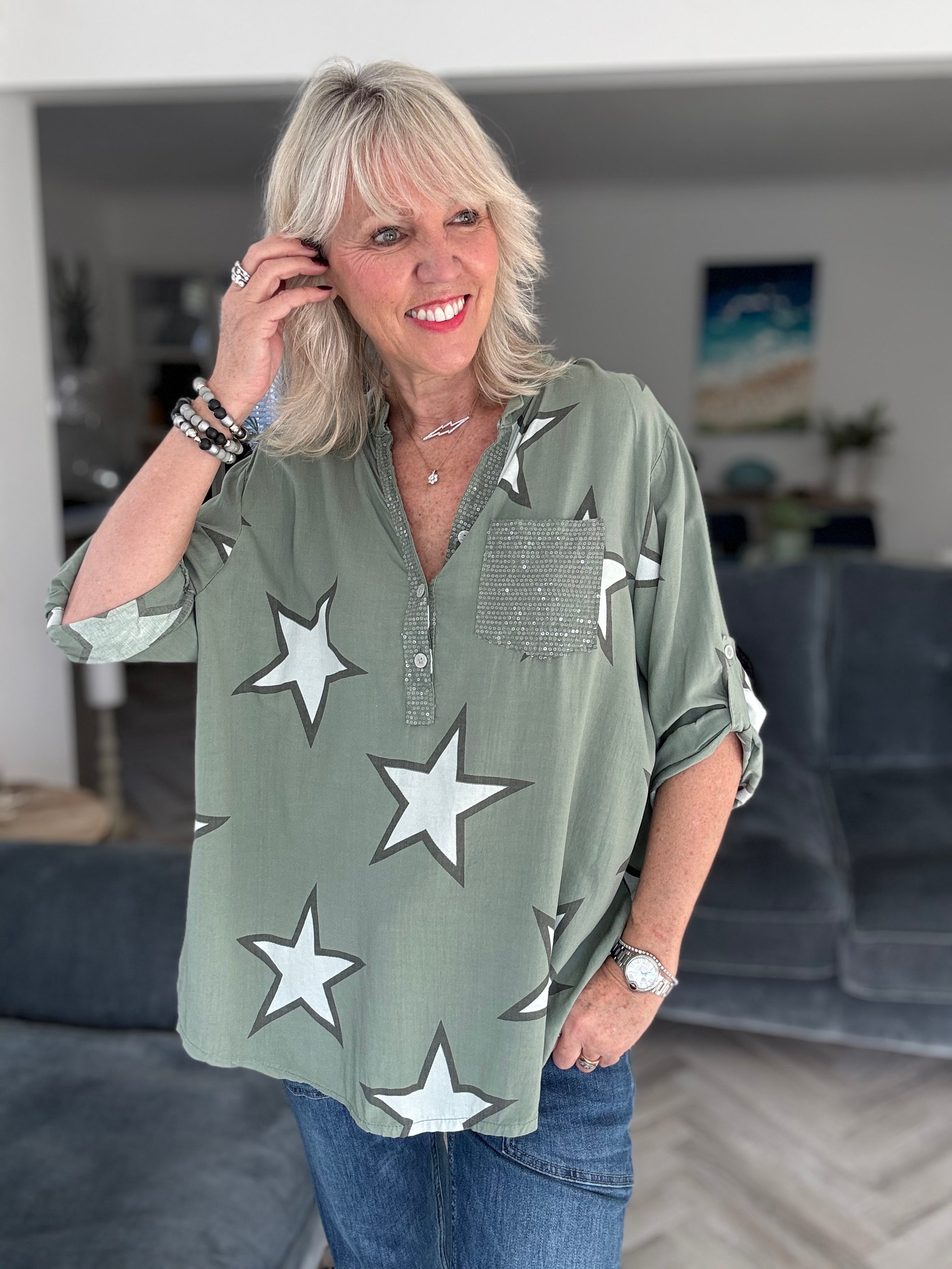 Star & Sequin Shirt in Green