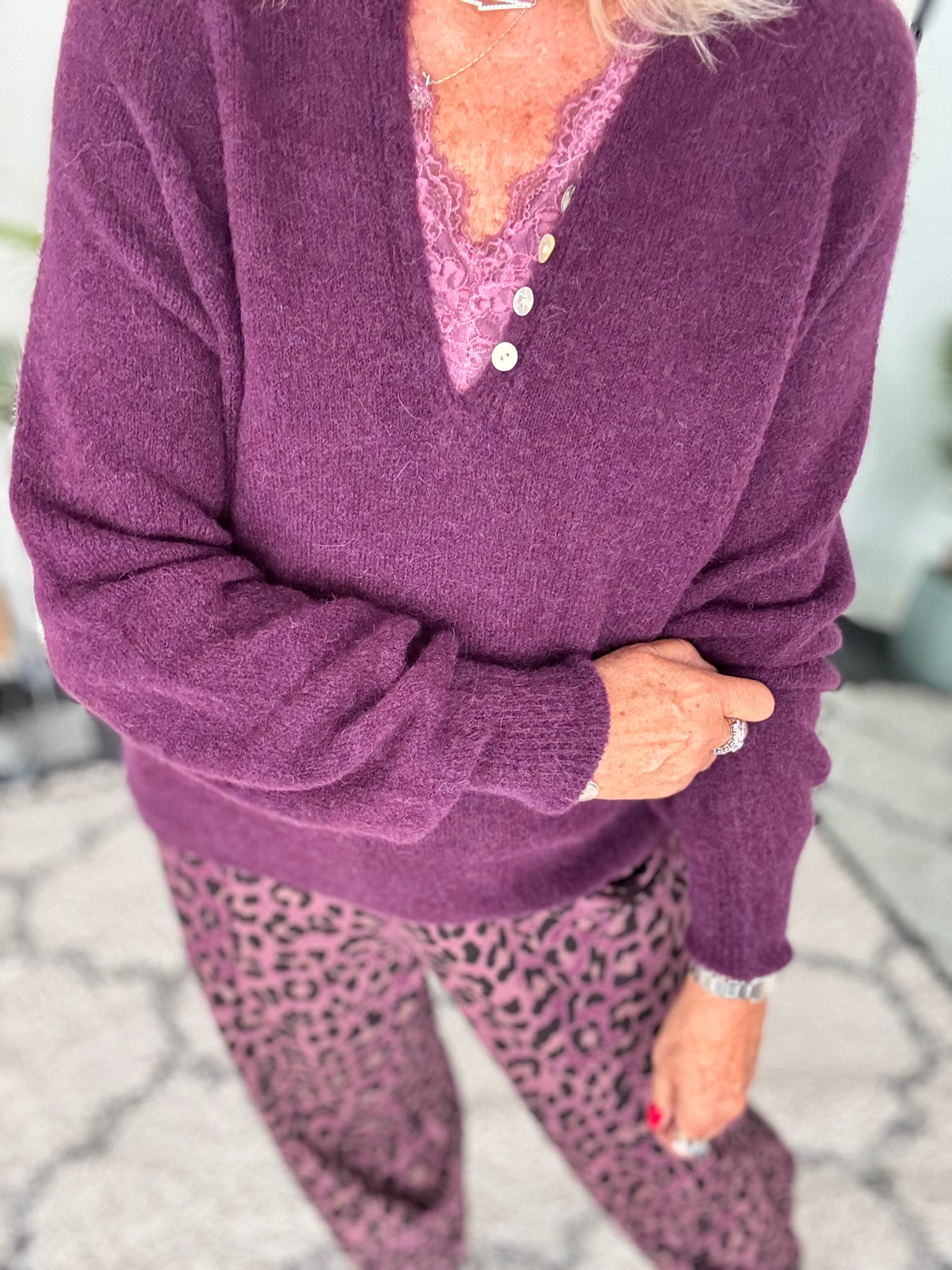Softie Jumper with Button Neck in Plum