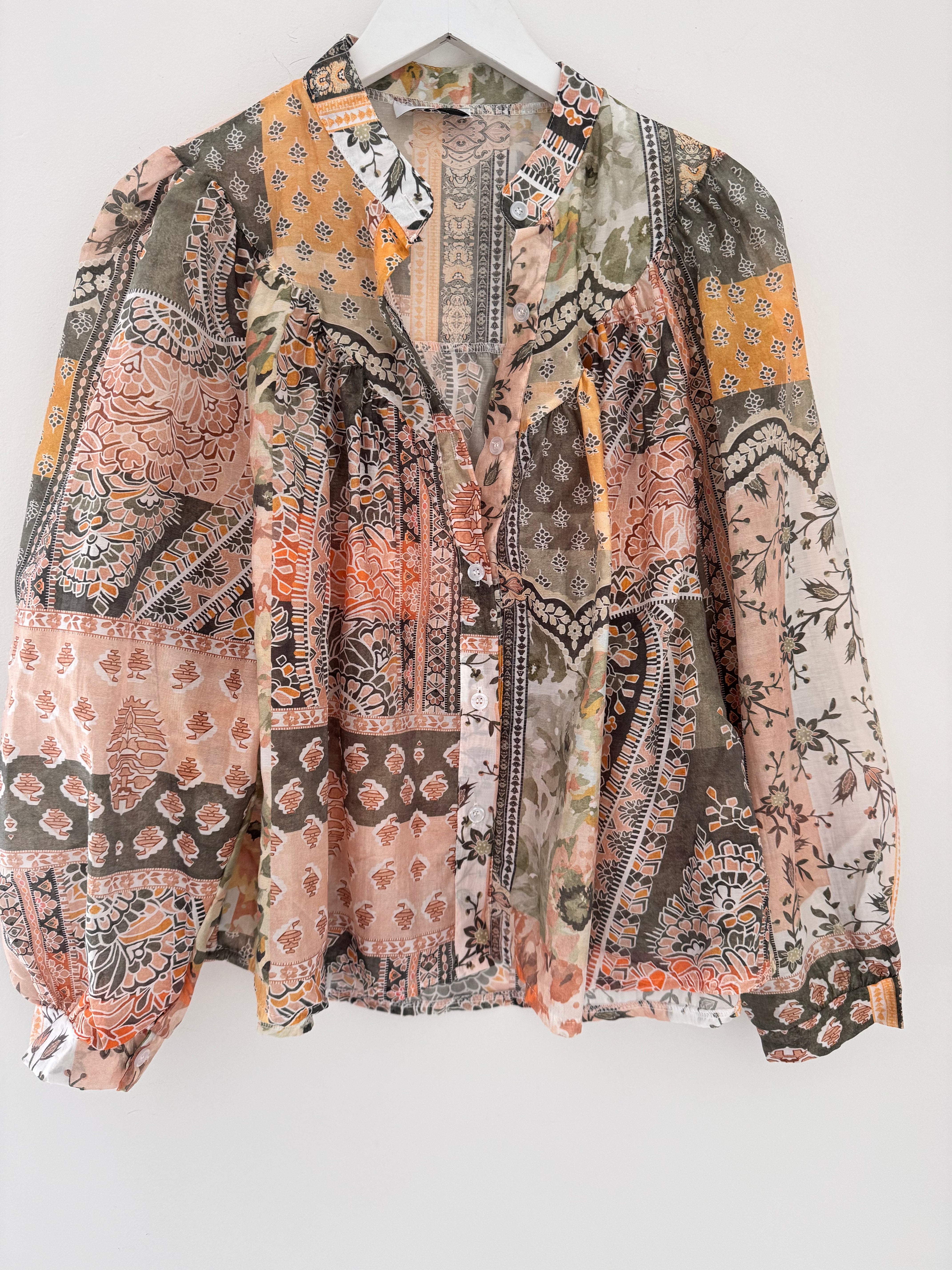 Patchwork Shirt in Khaki & Coral