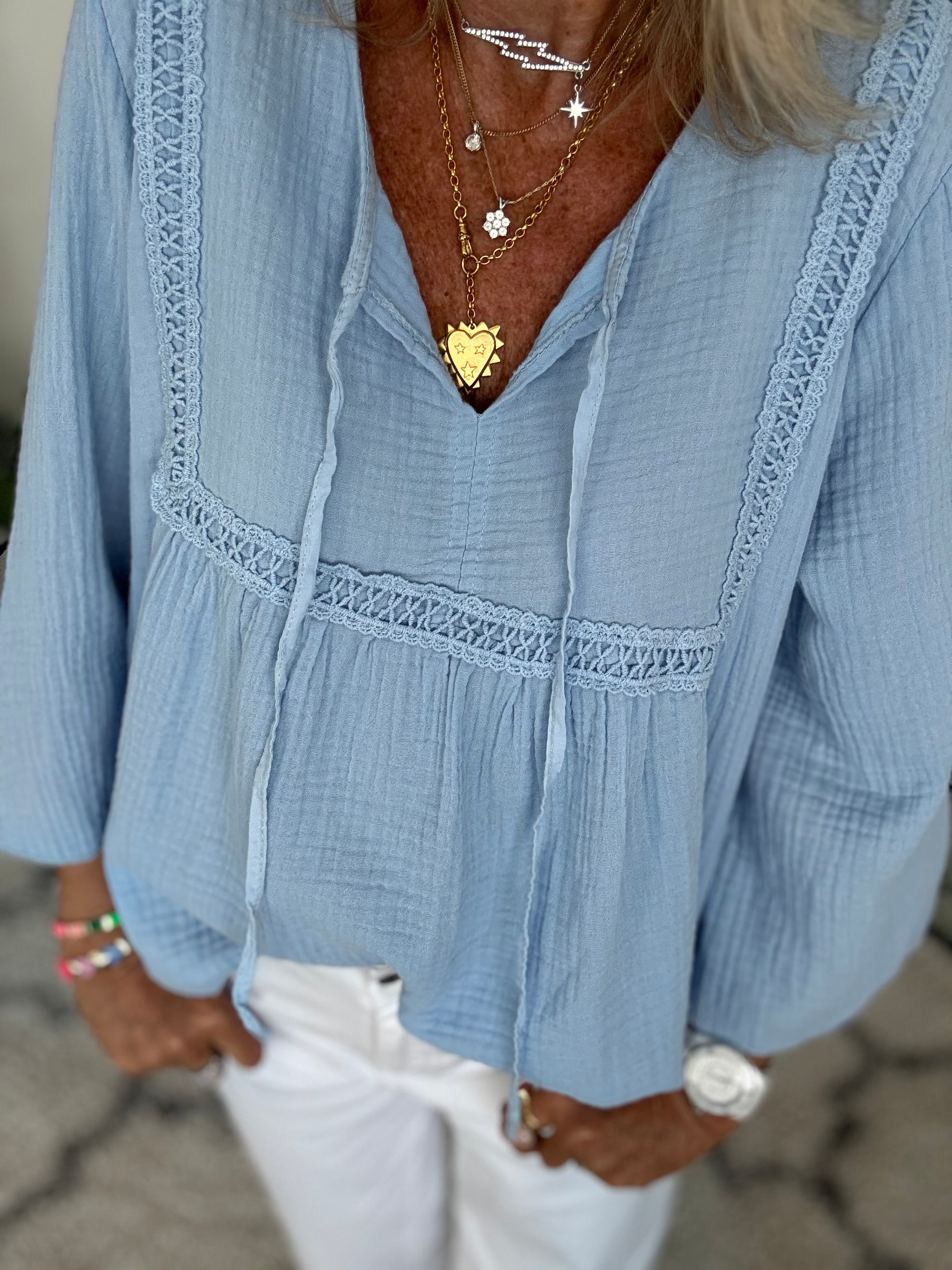 Cheesecloth Folk Blouse in Blue