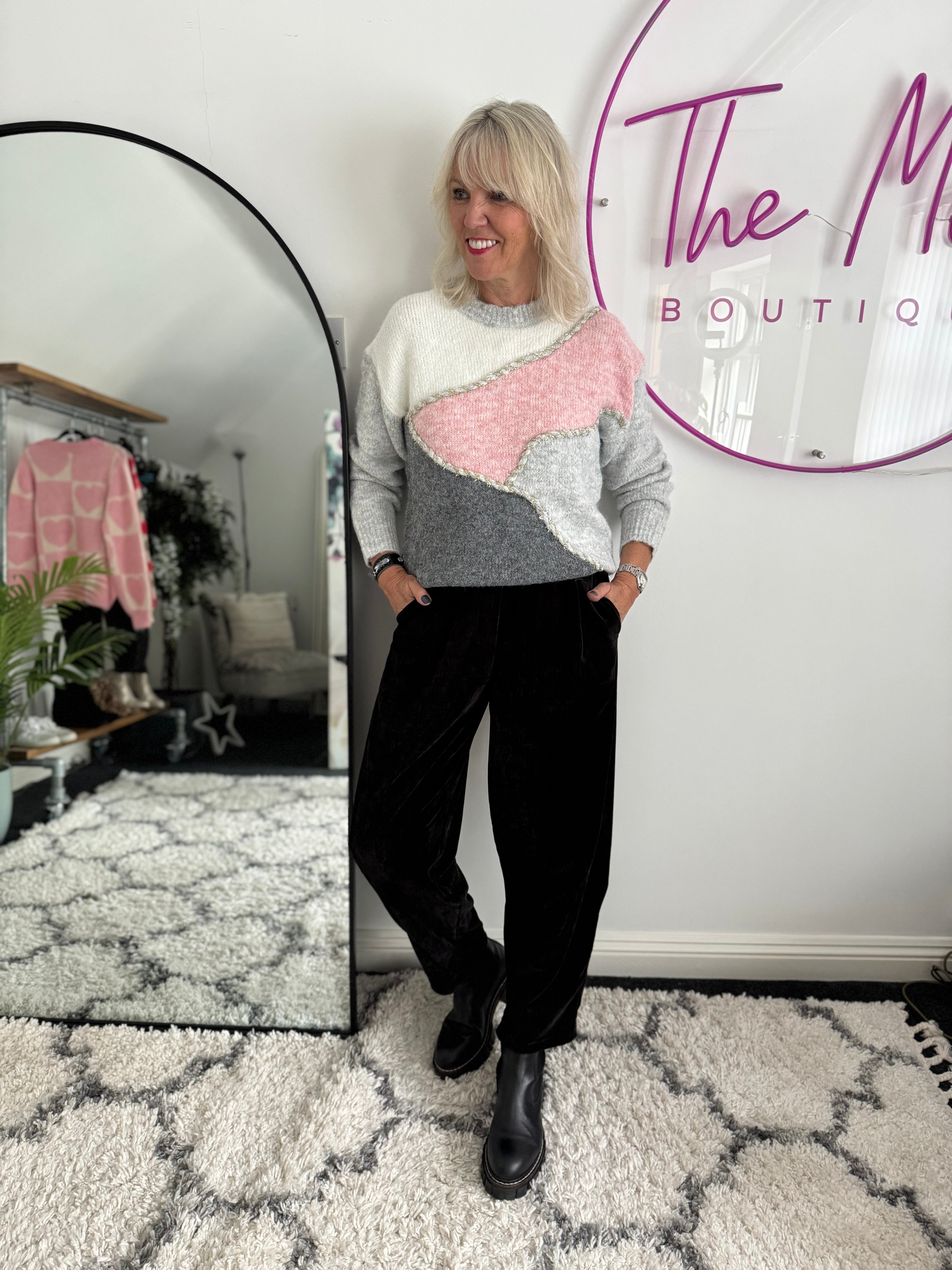 Velvet Stretch Boyfriend Trousers in Black