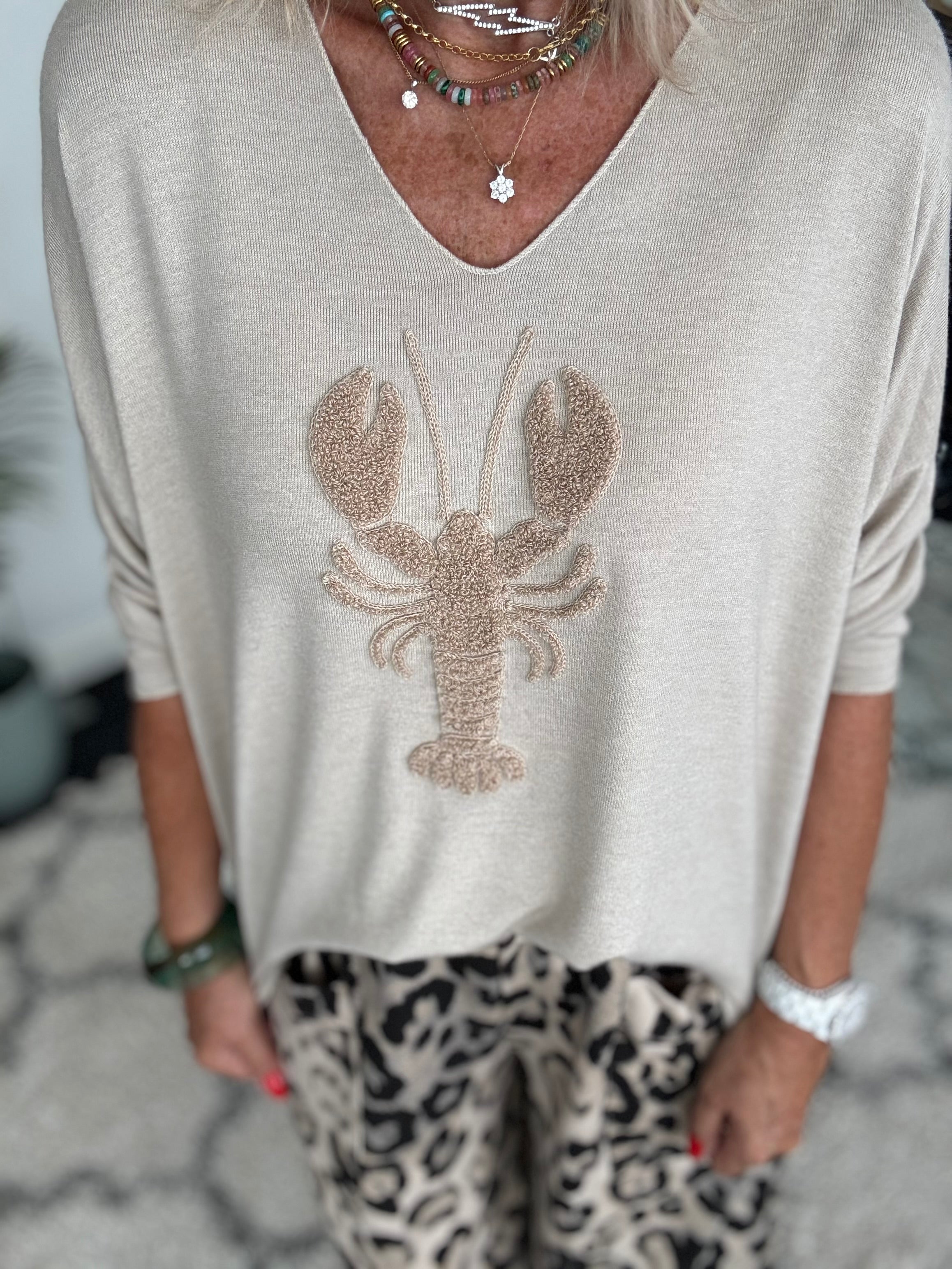 Soft V Neck Lobster Knit in Stone