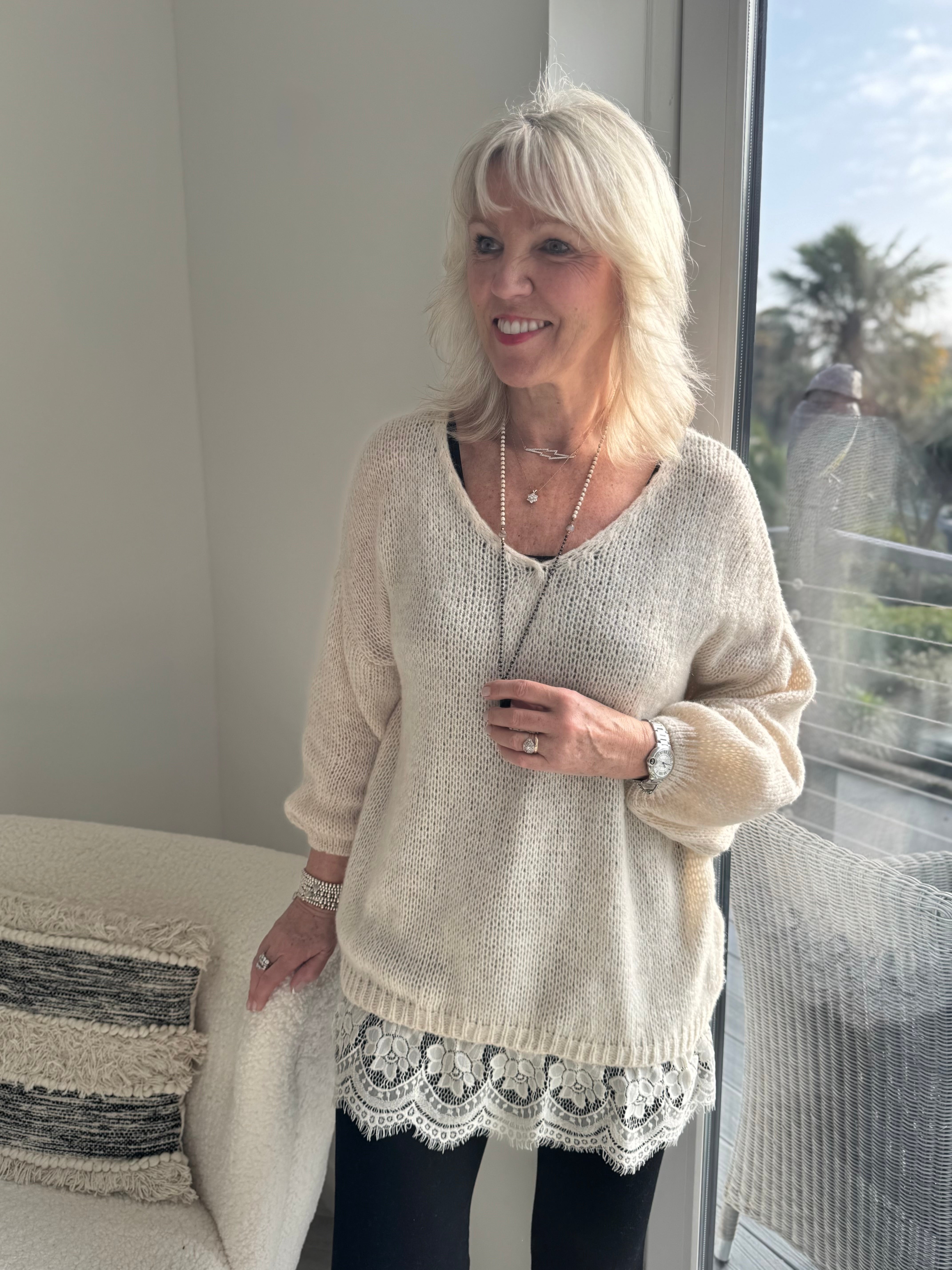 Soft Jumper with Lace Hem in Stone