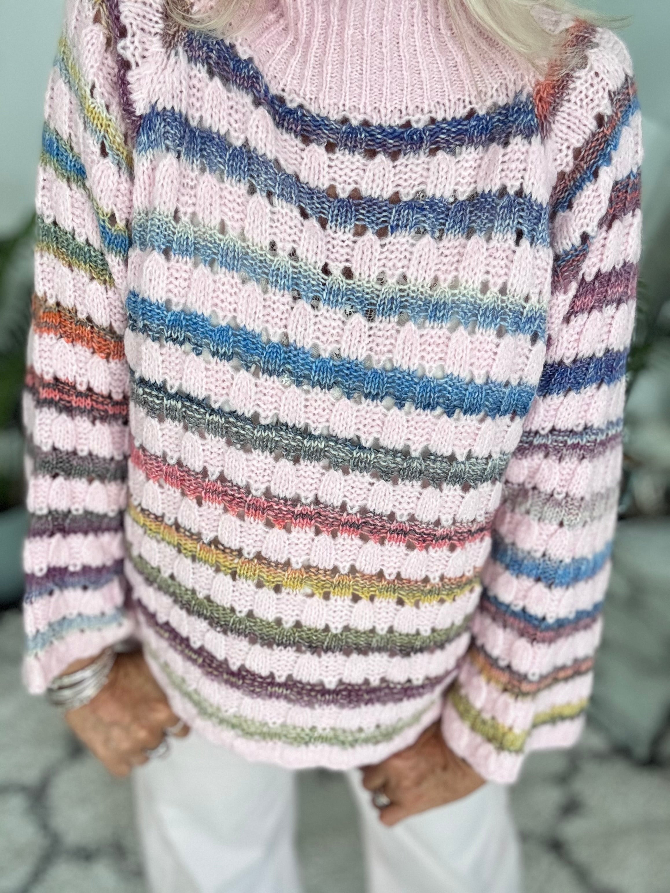 Funnel Neck Stripe Jumper in Soft Pink