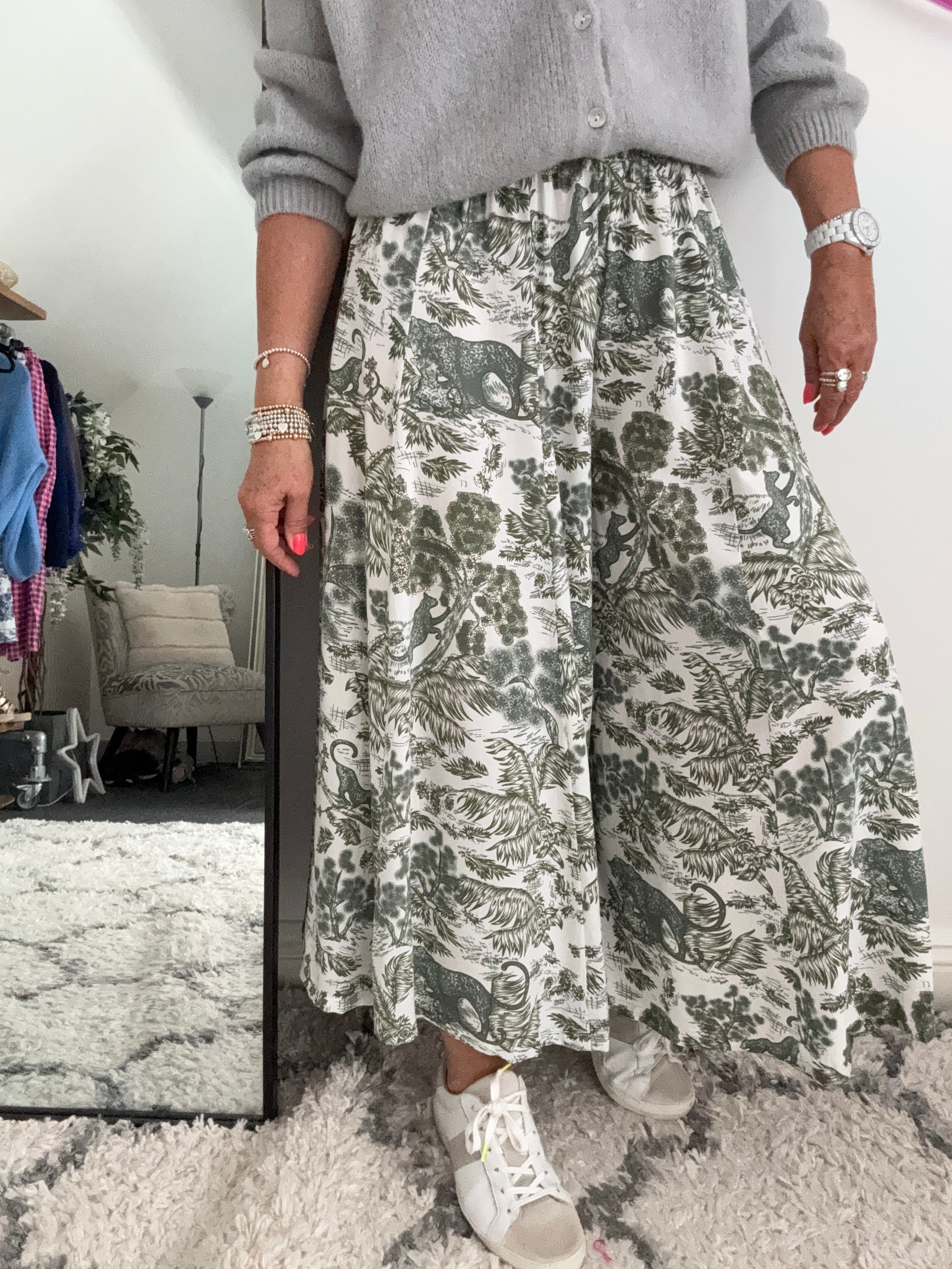 Wide Leg Trousers in Khaki Jungle Print