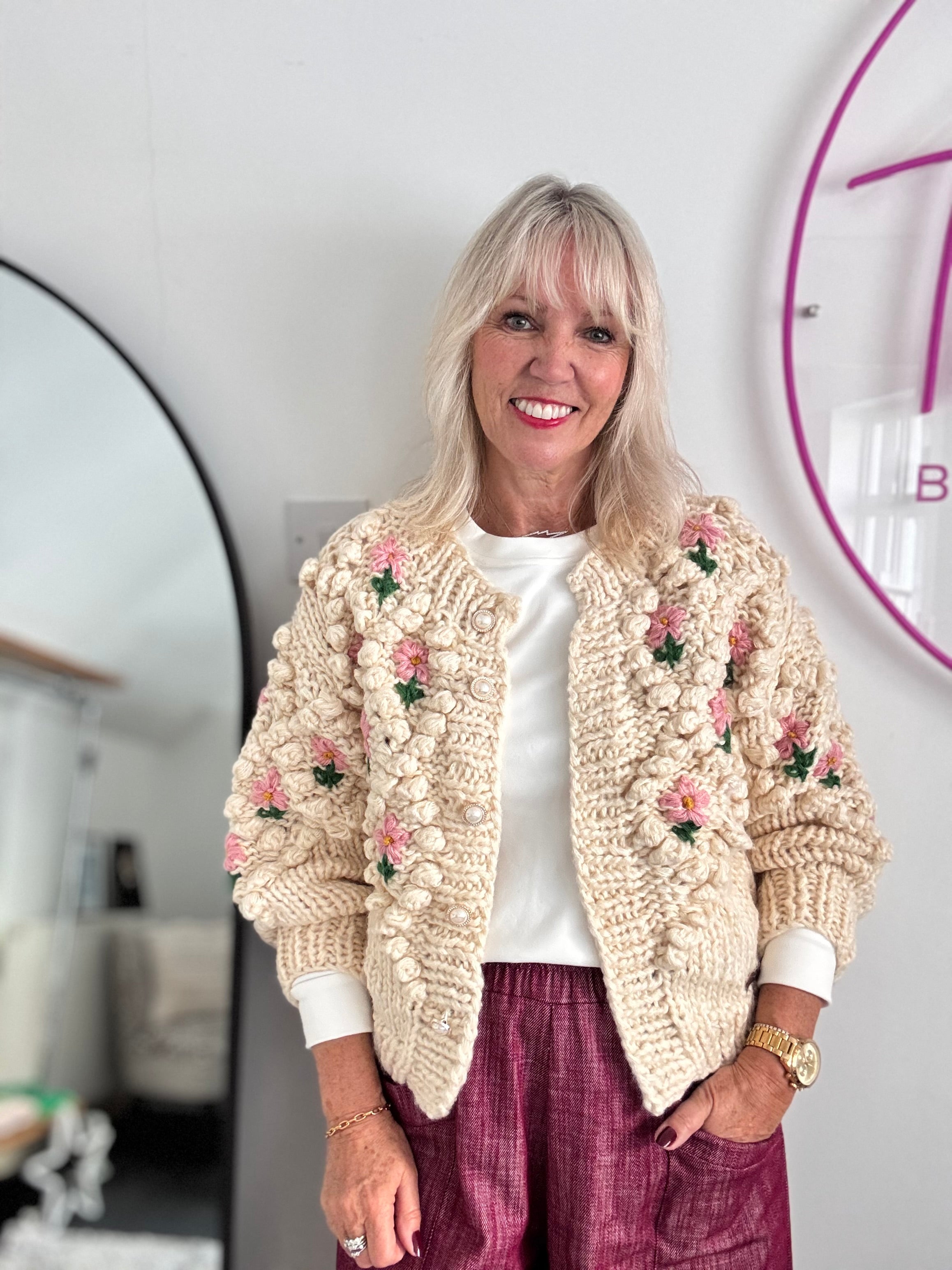 Hand Knitted Cardi with Embroidered Flowers