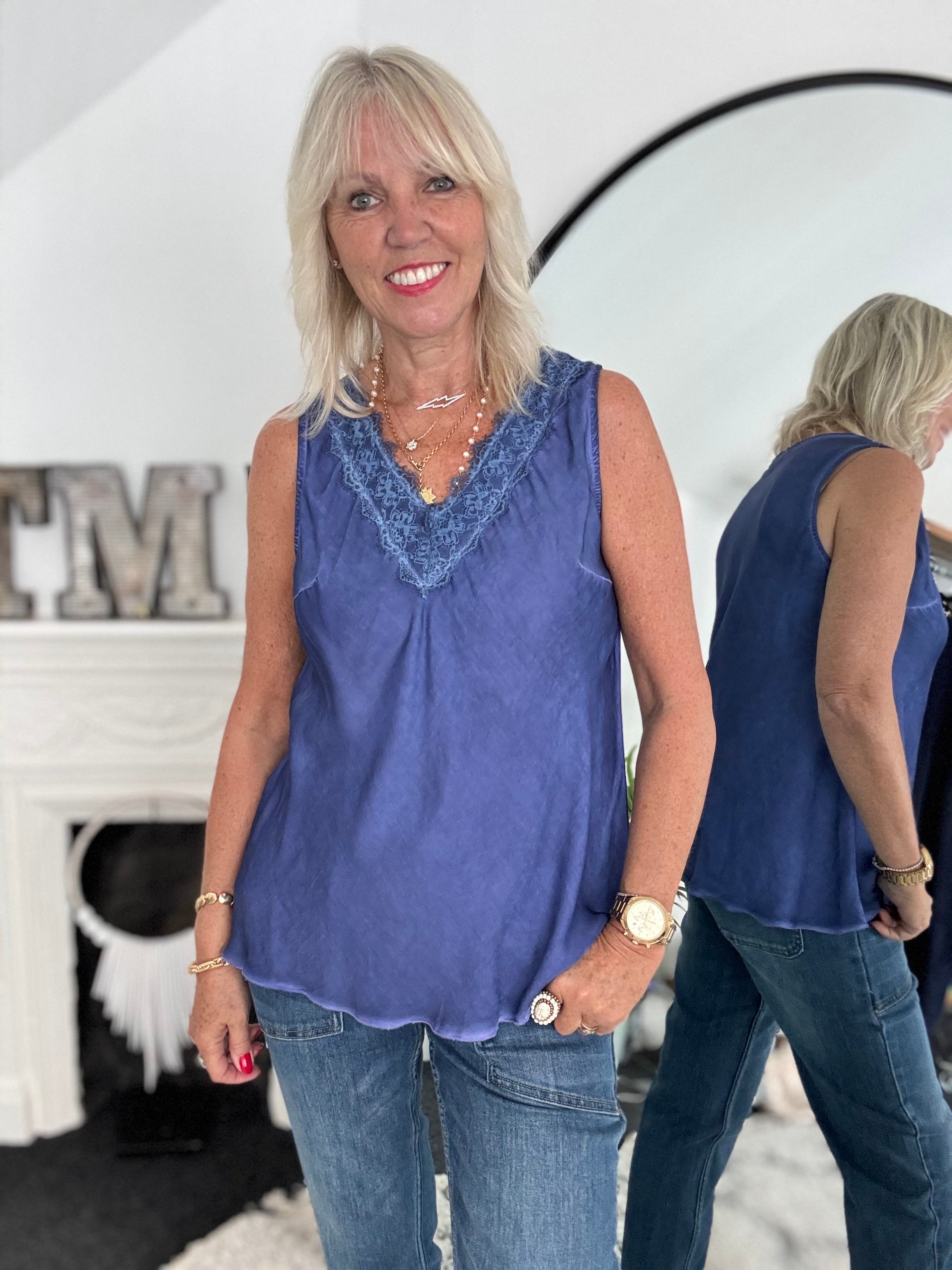 Lace Trim Silk Top in Indigo Blue