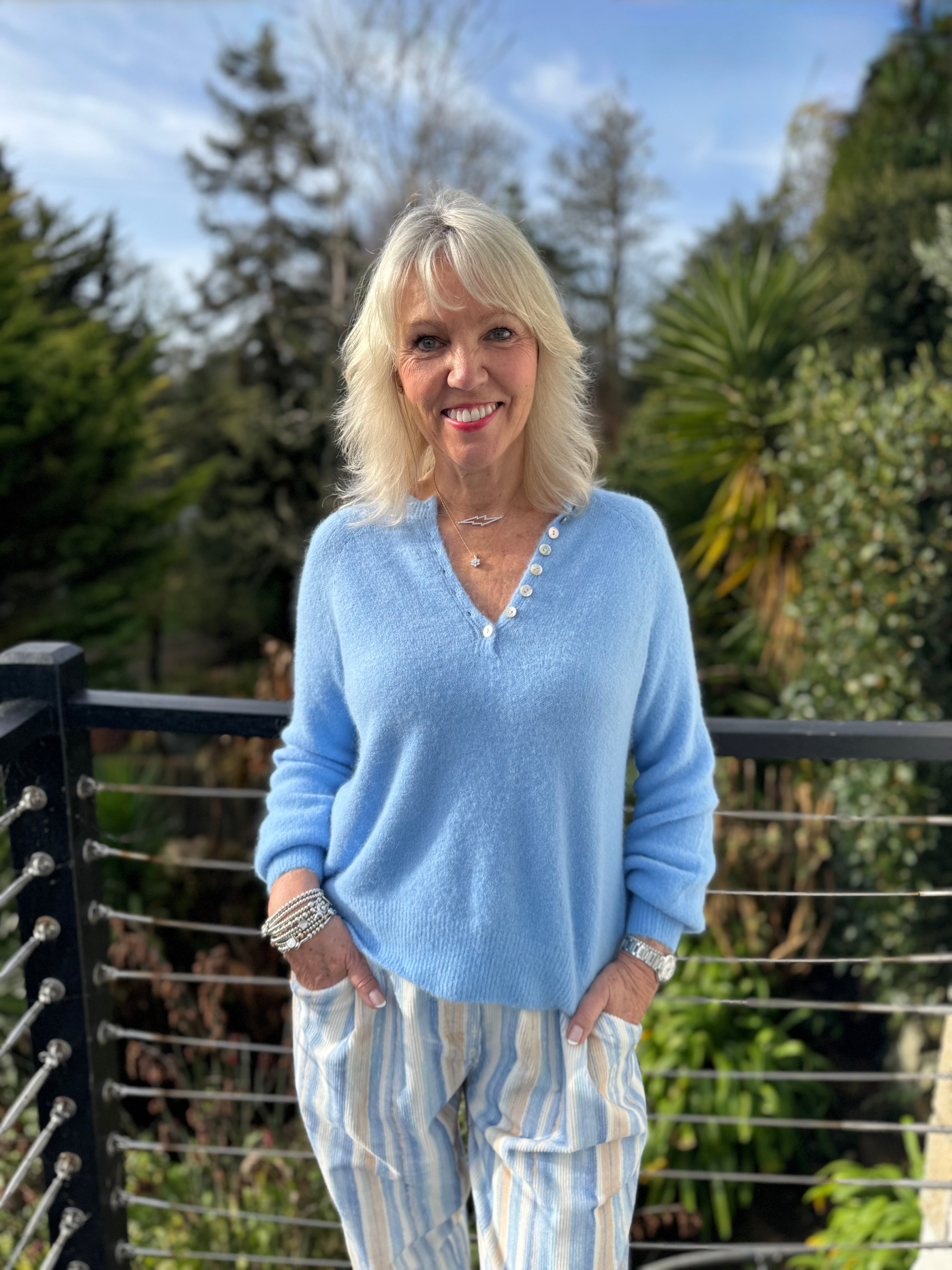 Softie Jumper with Button Neck in Soft Blue