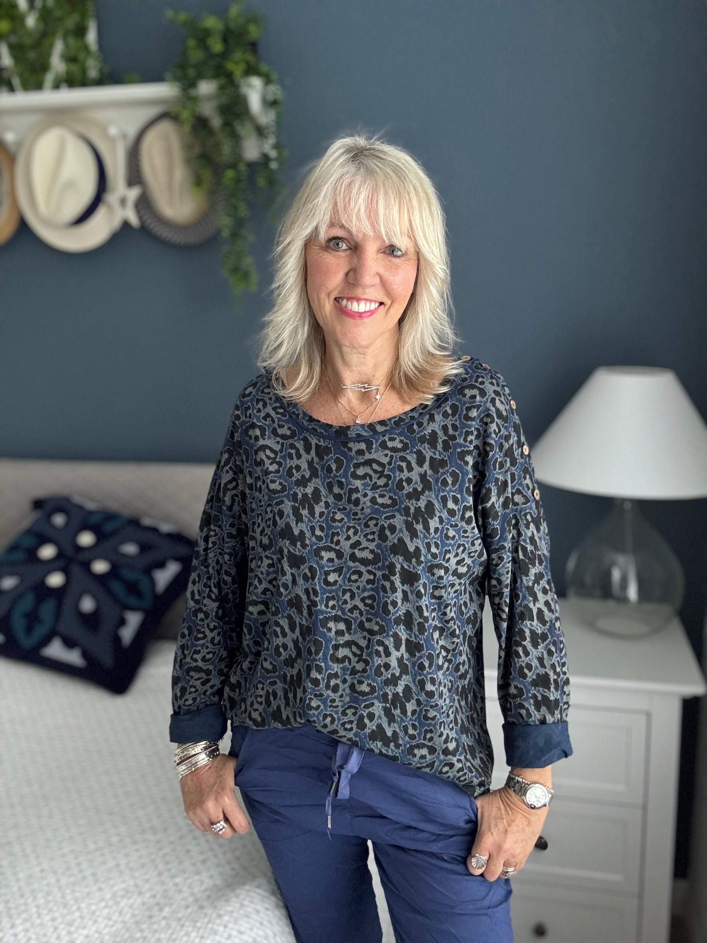 Leopard Print Cotton Top in Blue