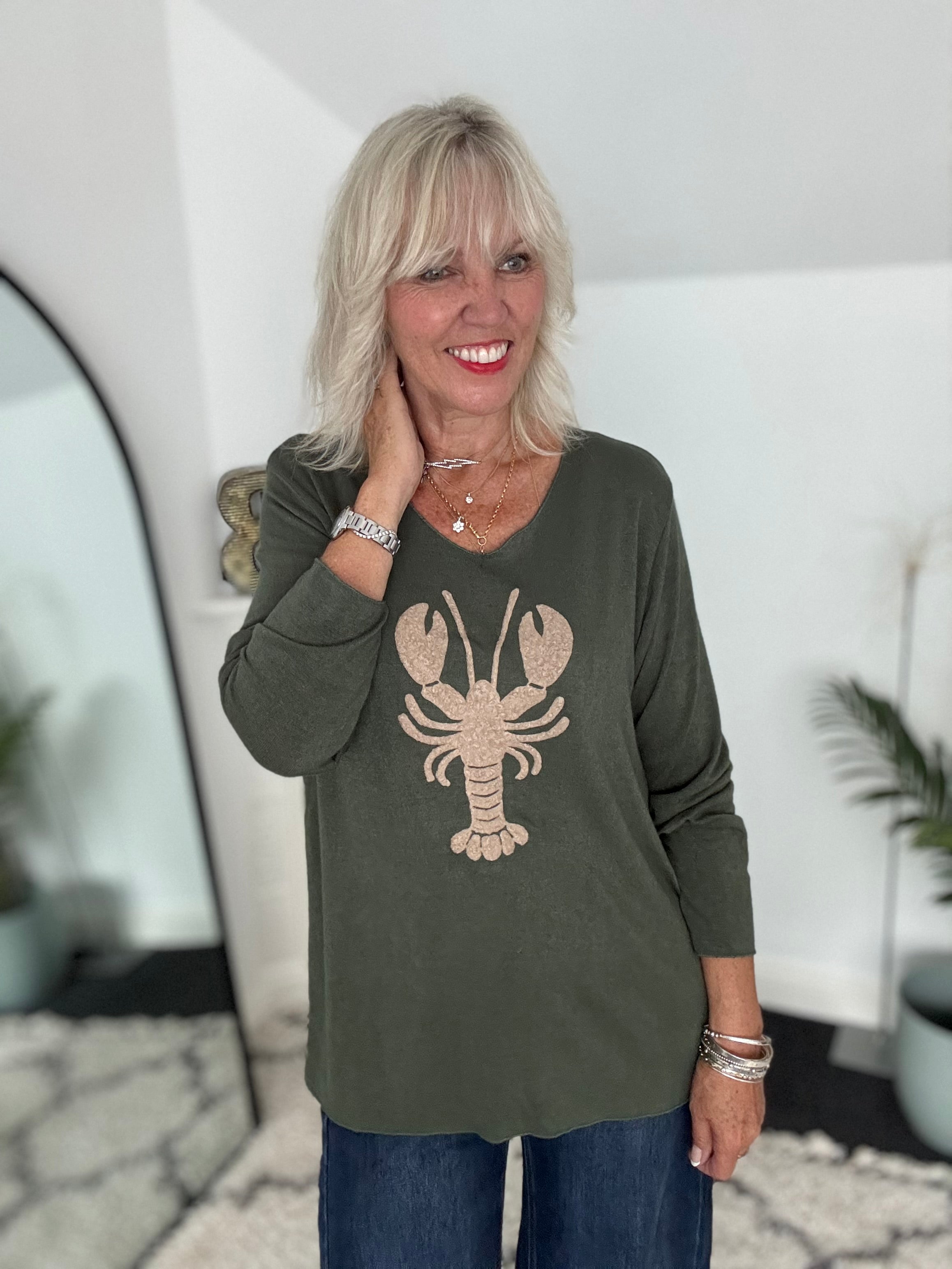 Soft V Neck Lobster Knit in Khaki