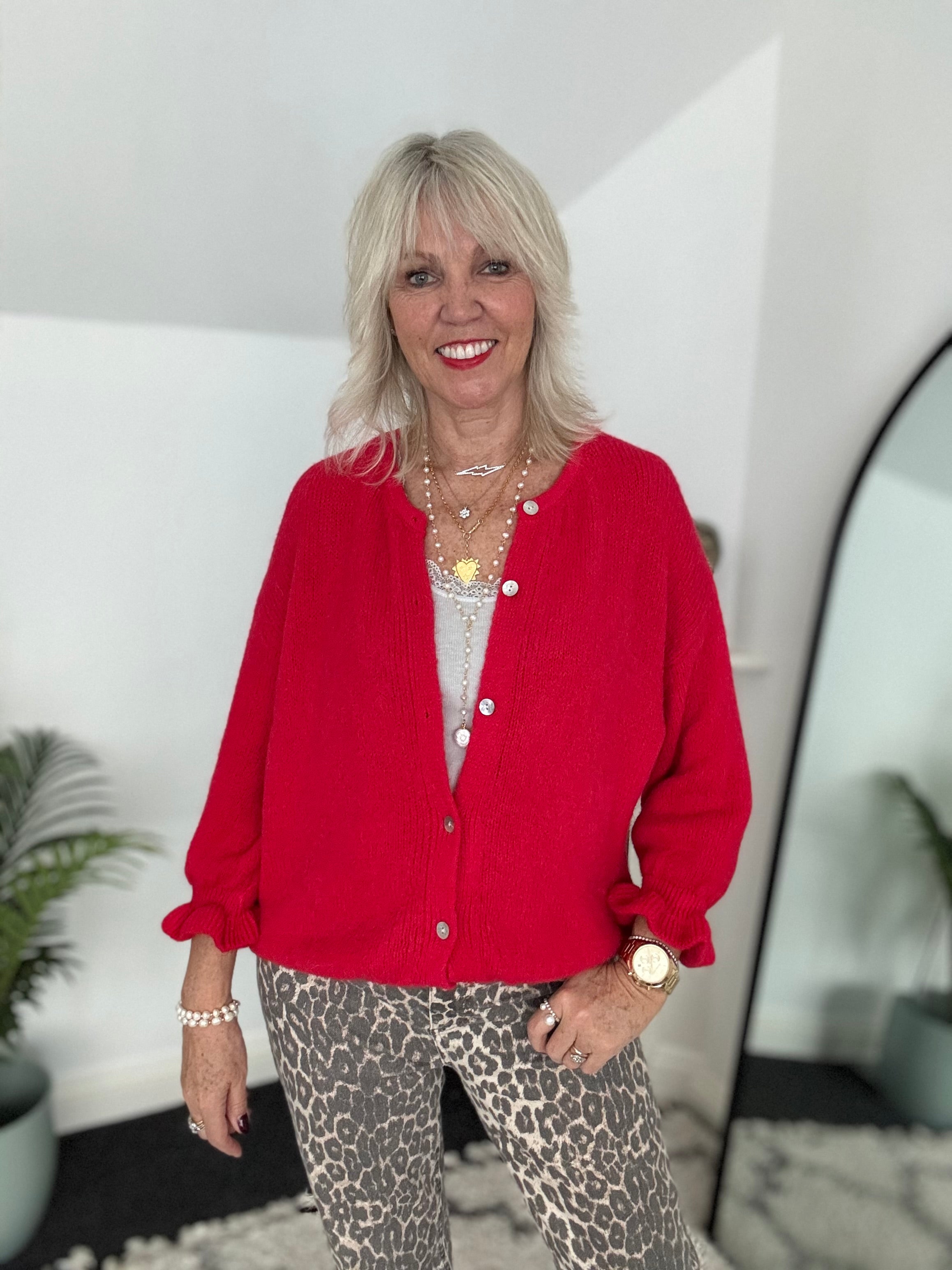 Alpaca Cardi with Frill Cuffs in Red