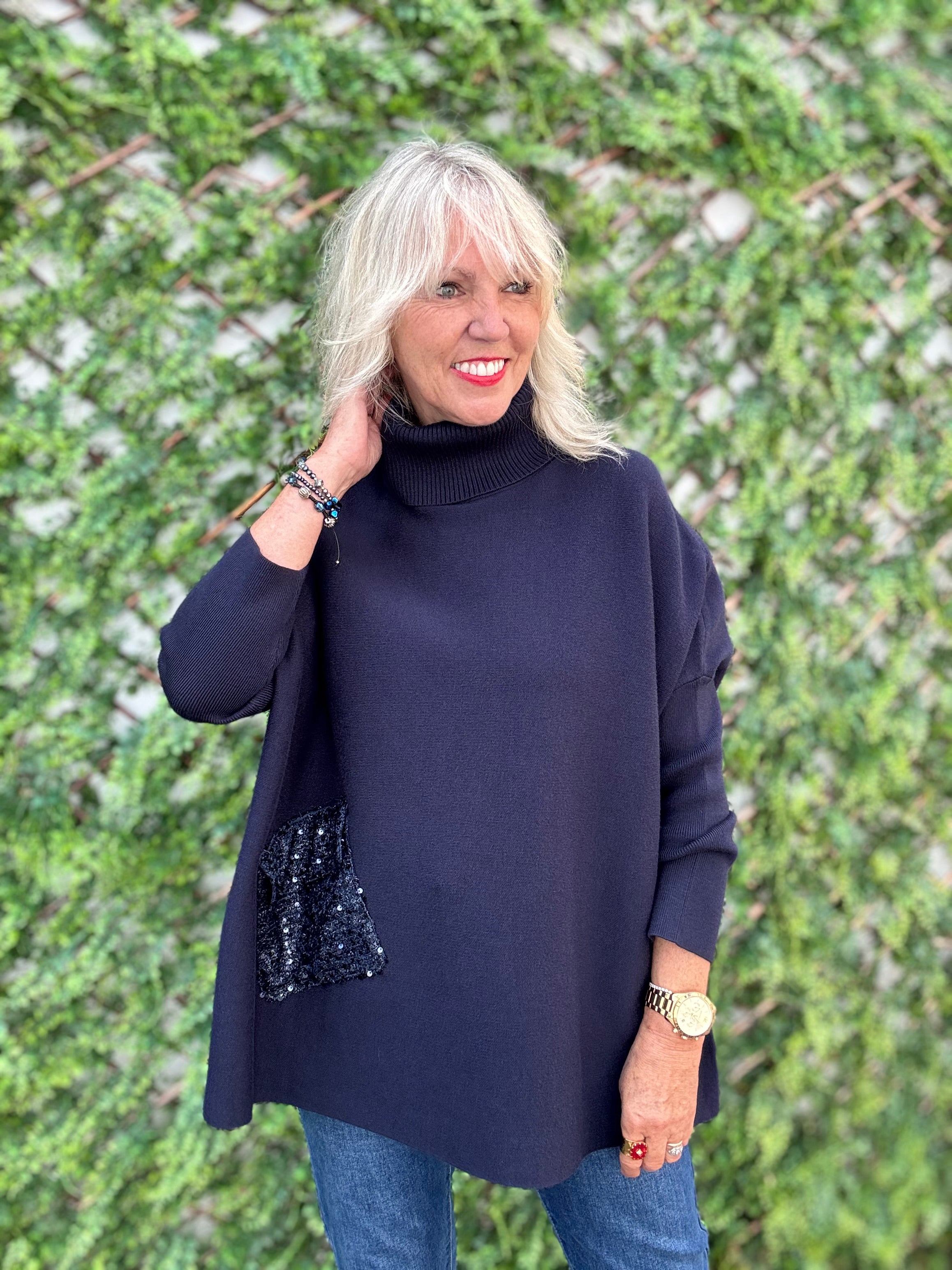 Oversized Roll Neck Poncho Jumper in Ink