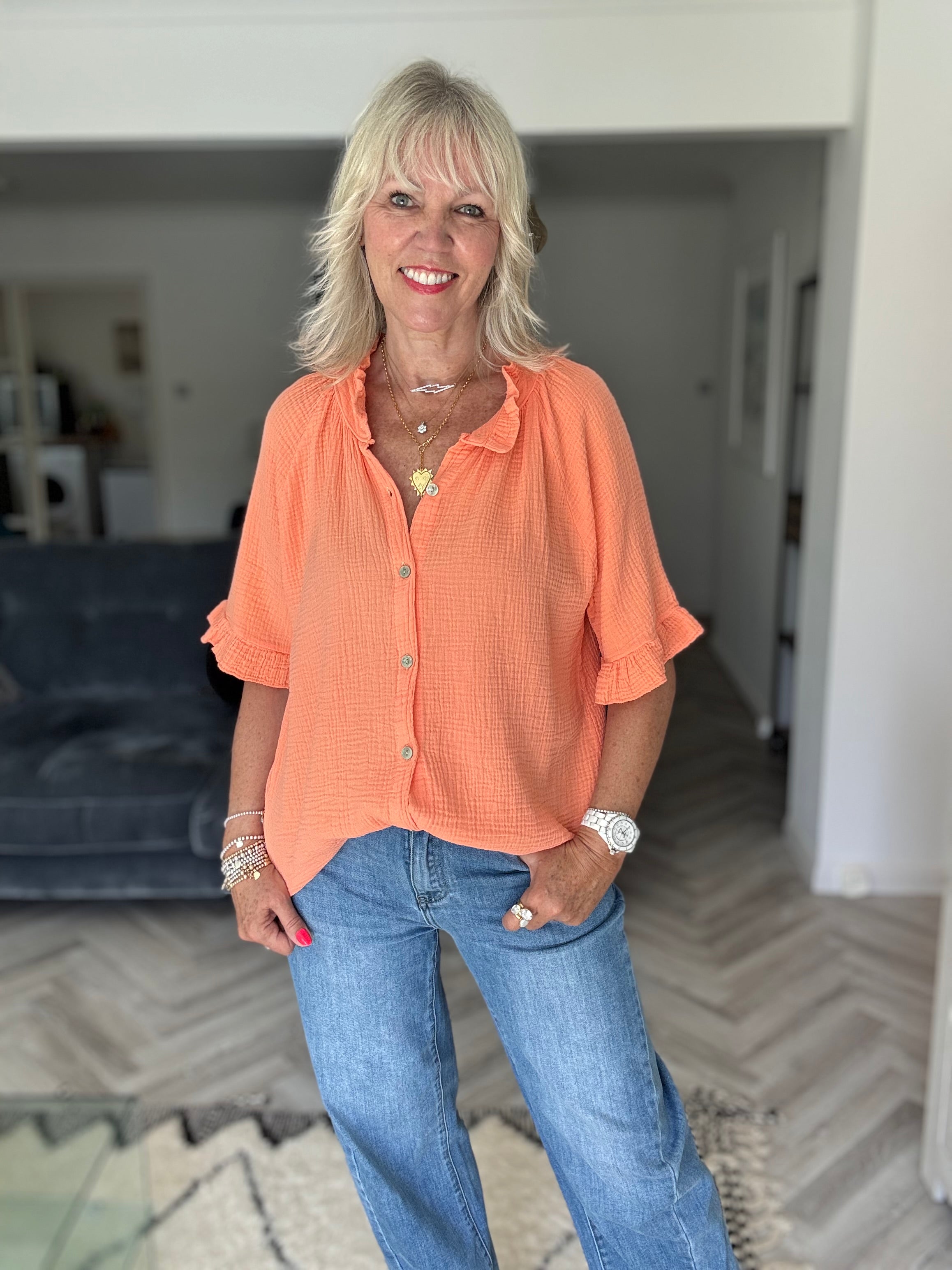 Short Sleeve Cheesecloth Shirt in Tangerine