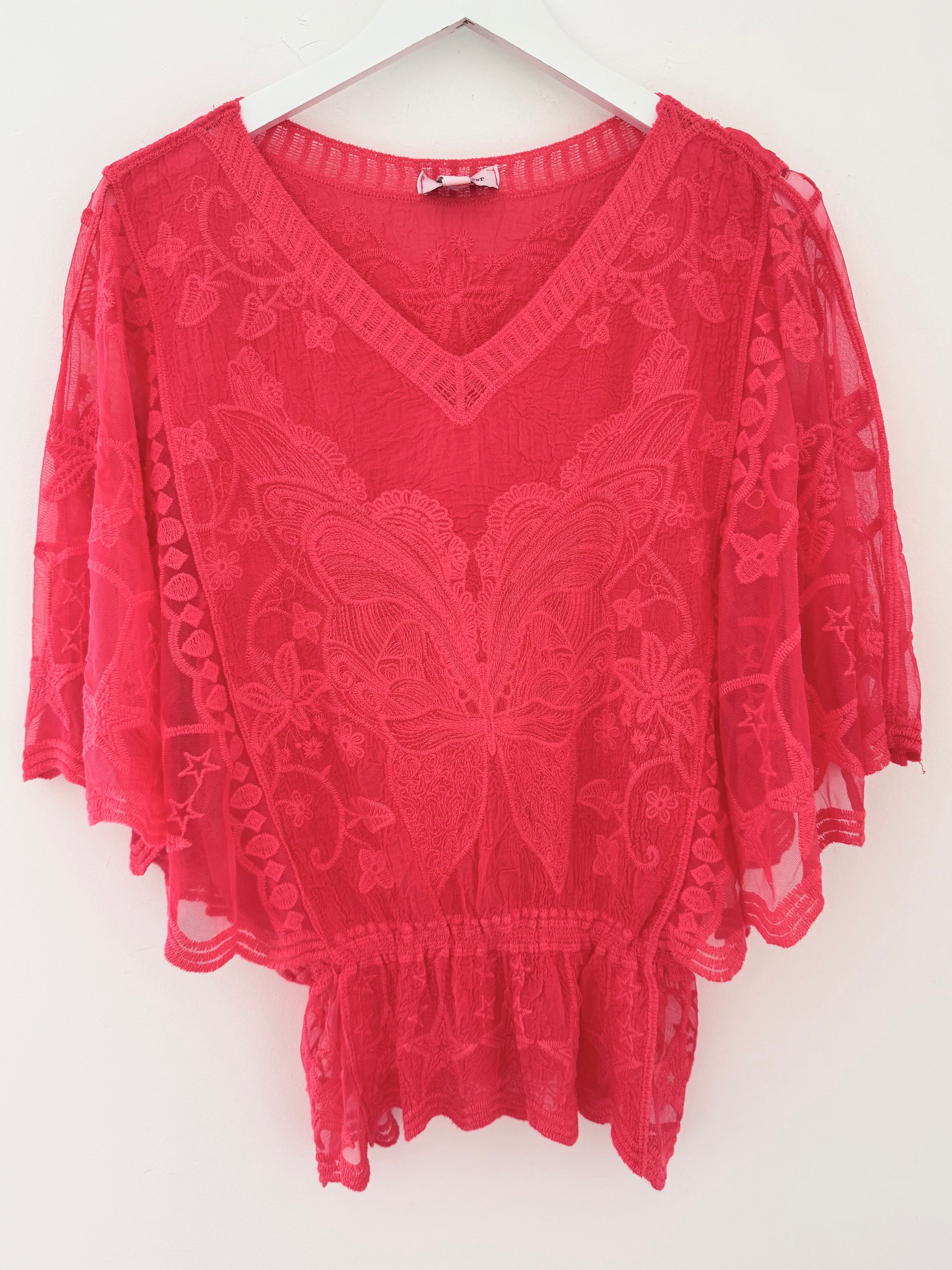Lace Butterfly & Star Top in Coral Red