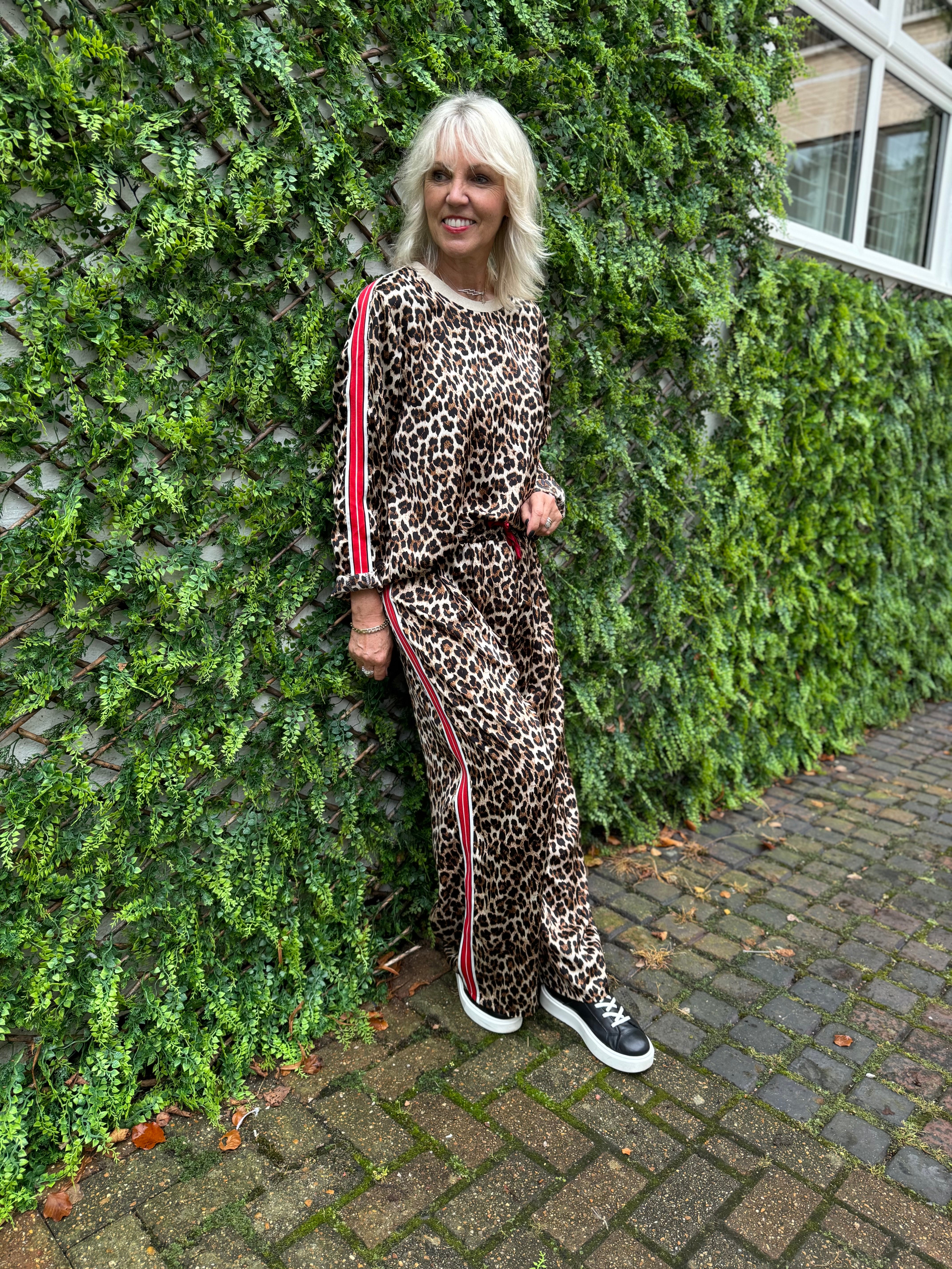 Wide Leg Leopard Trousers with Red Stripe