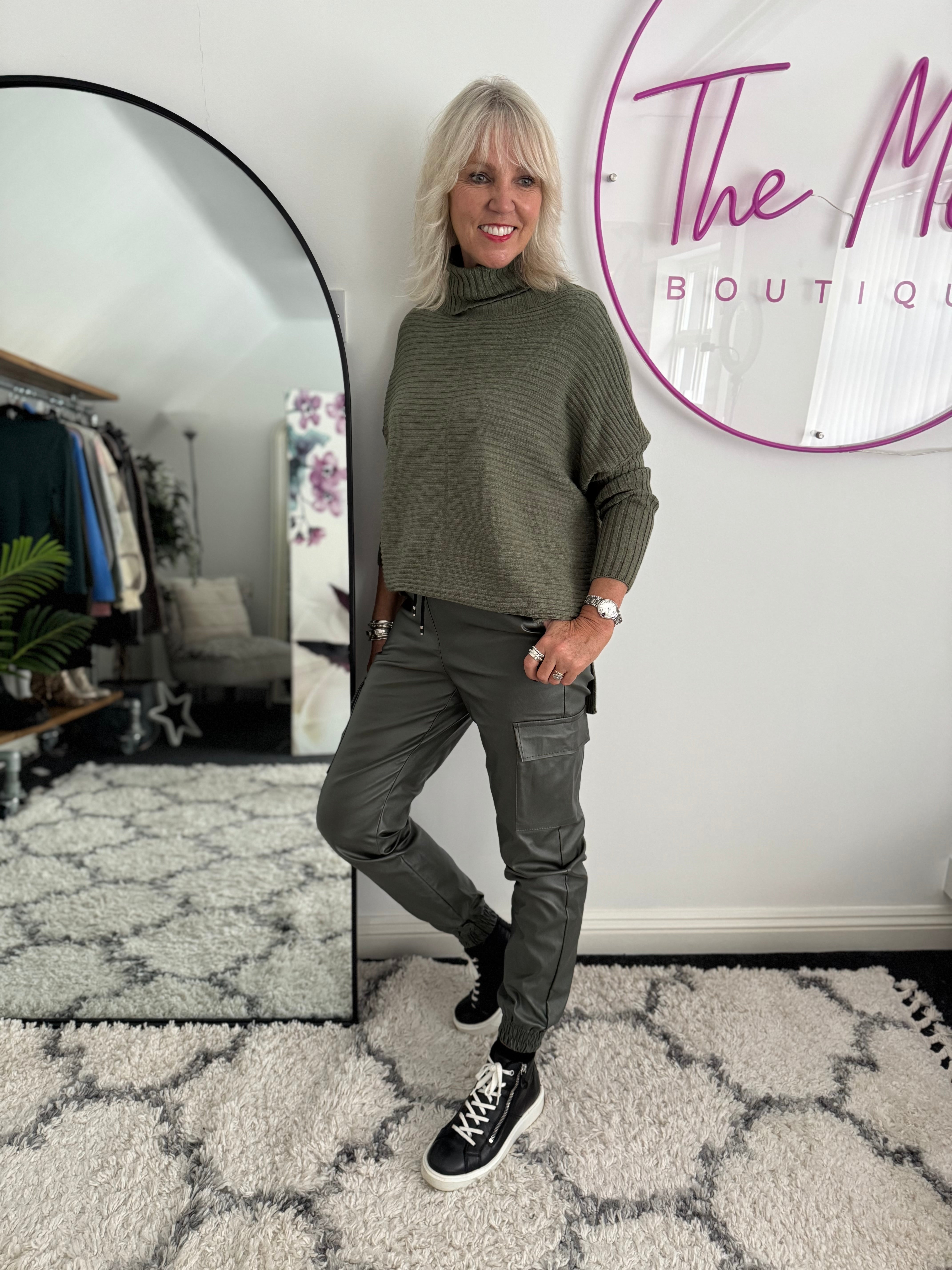 Leather Look Cargo Joggers in Khaki