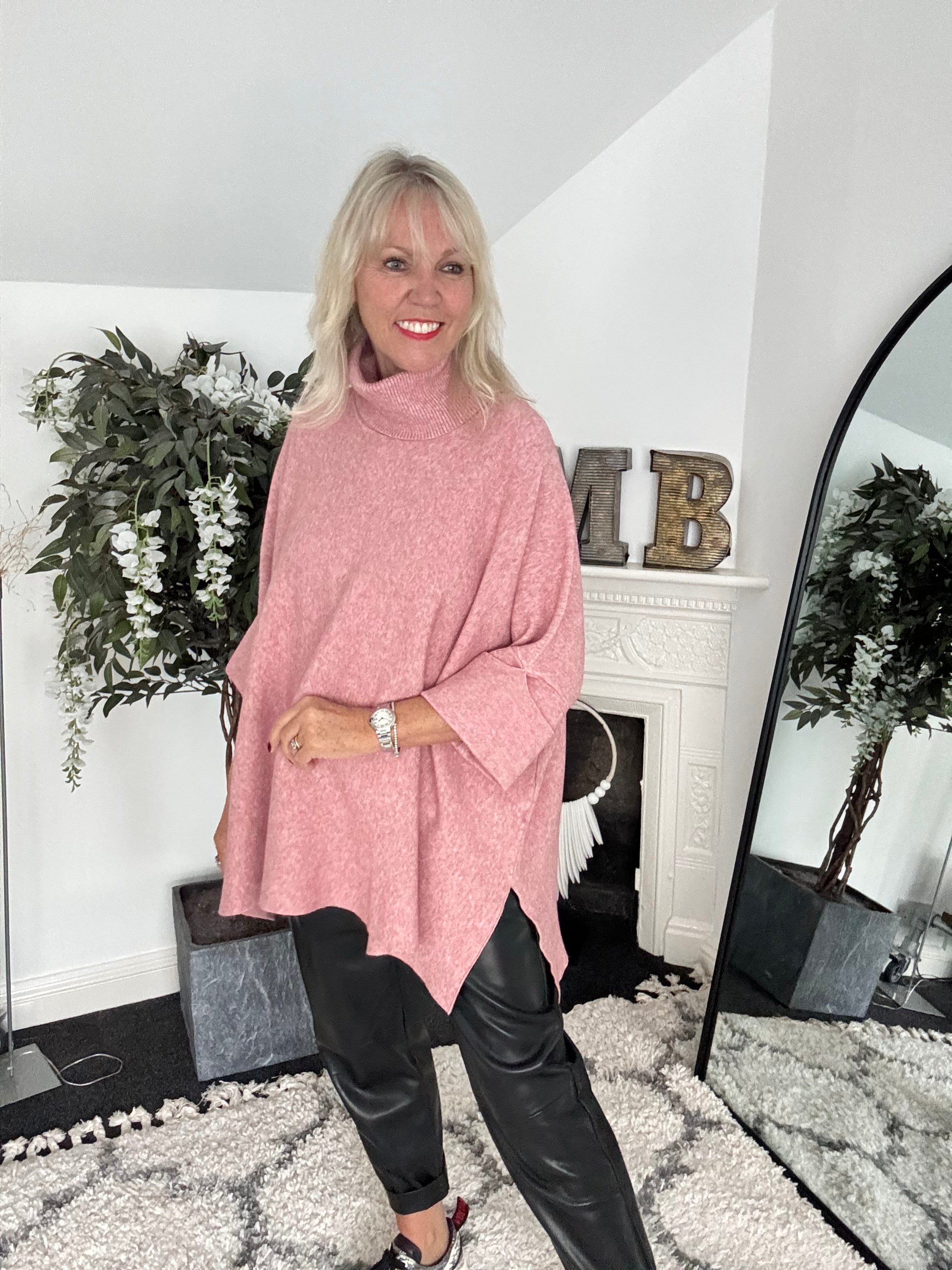 Oversized Roll Neck Poncho Jumper in Pink