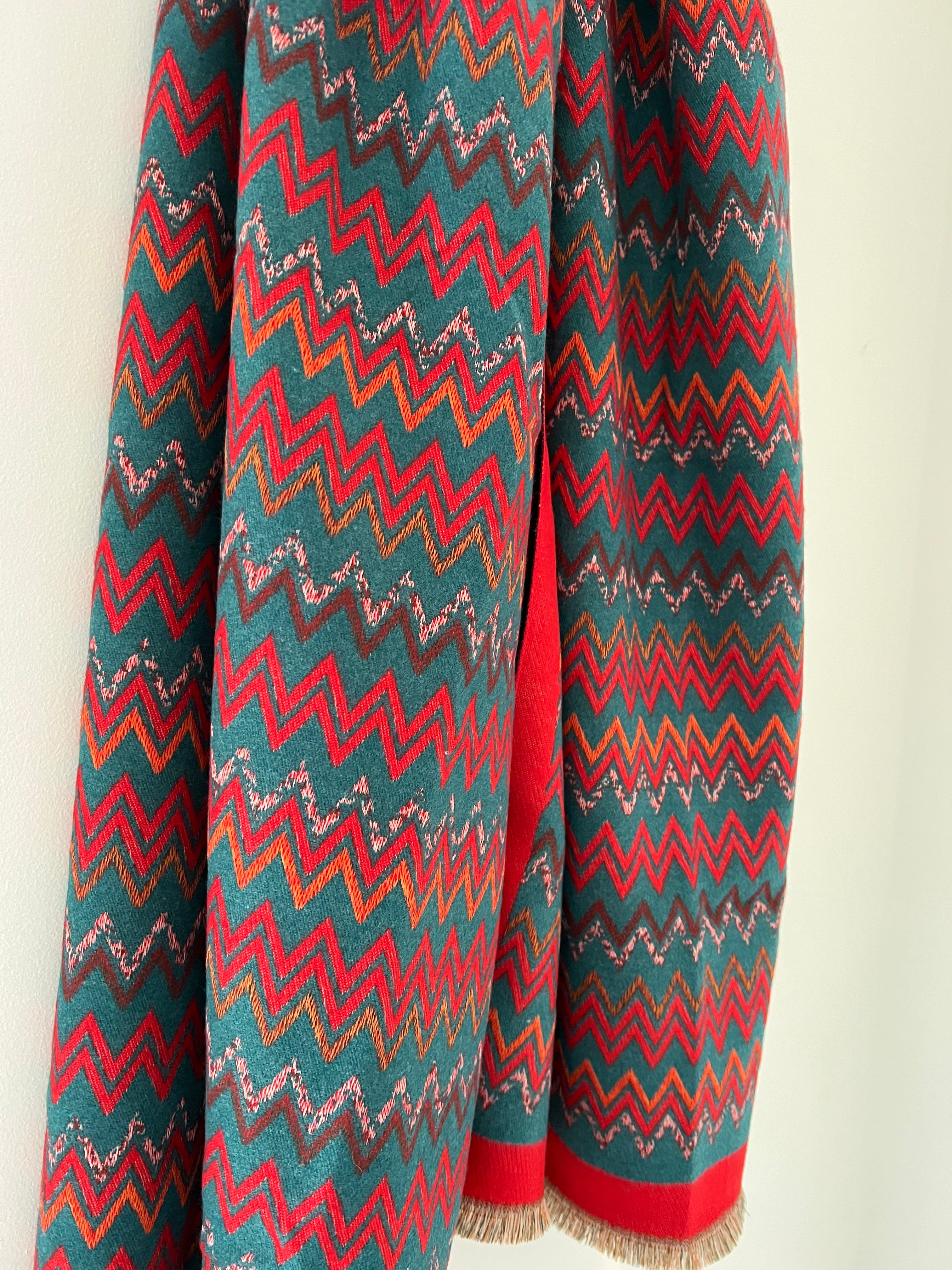 Teal & Red Zig Zag Knitted Scarf