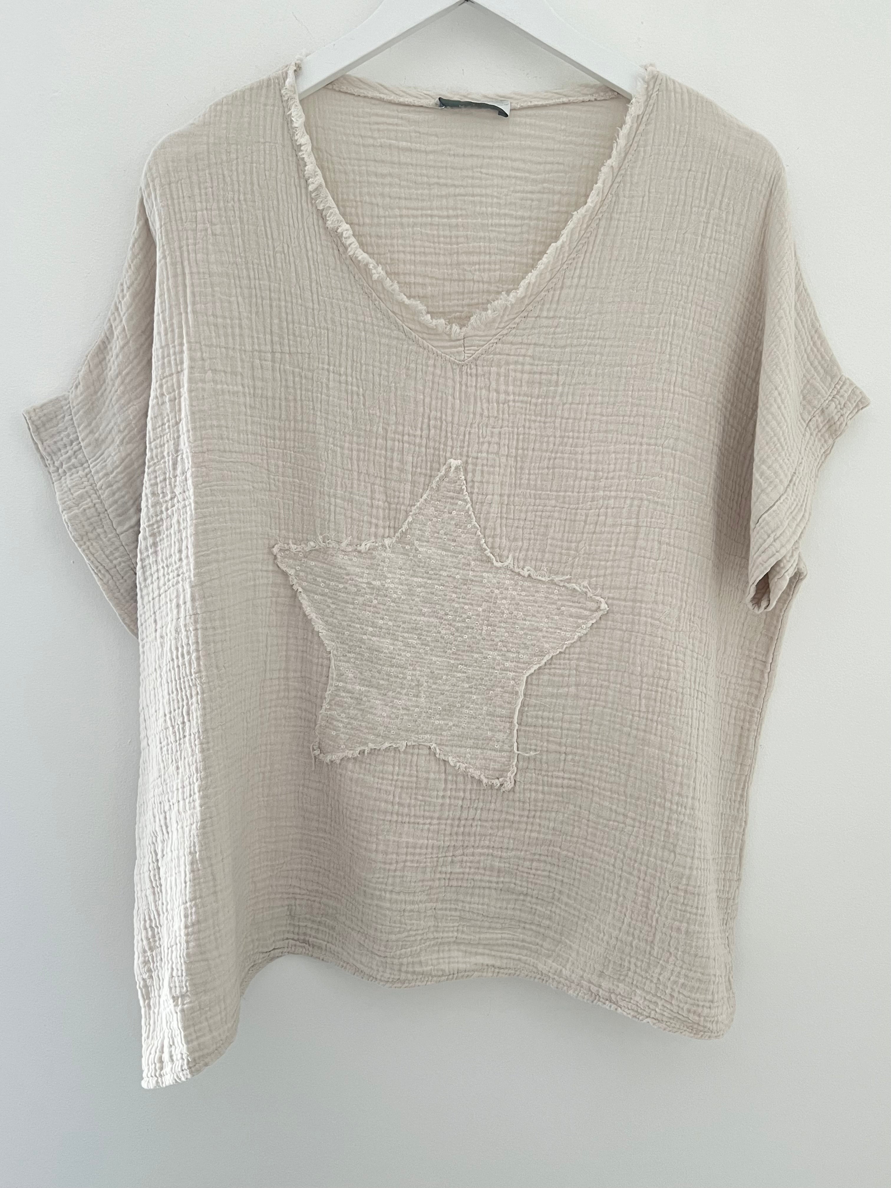 Cheesecloth Star Top with Frayed Neck in Ecru