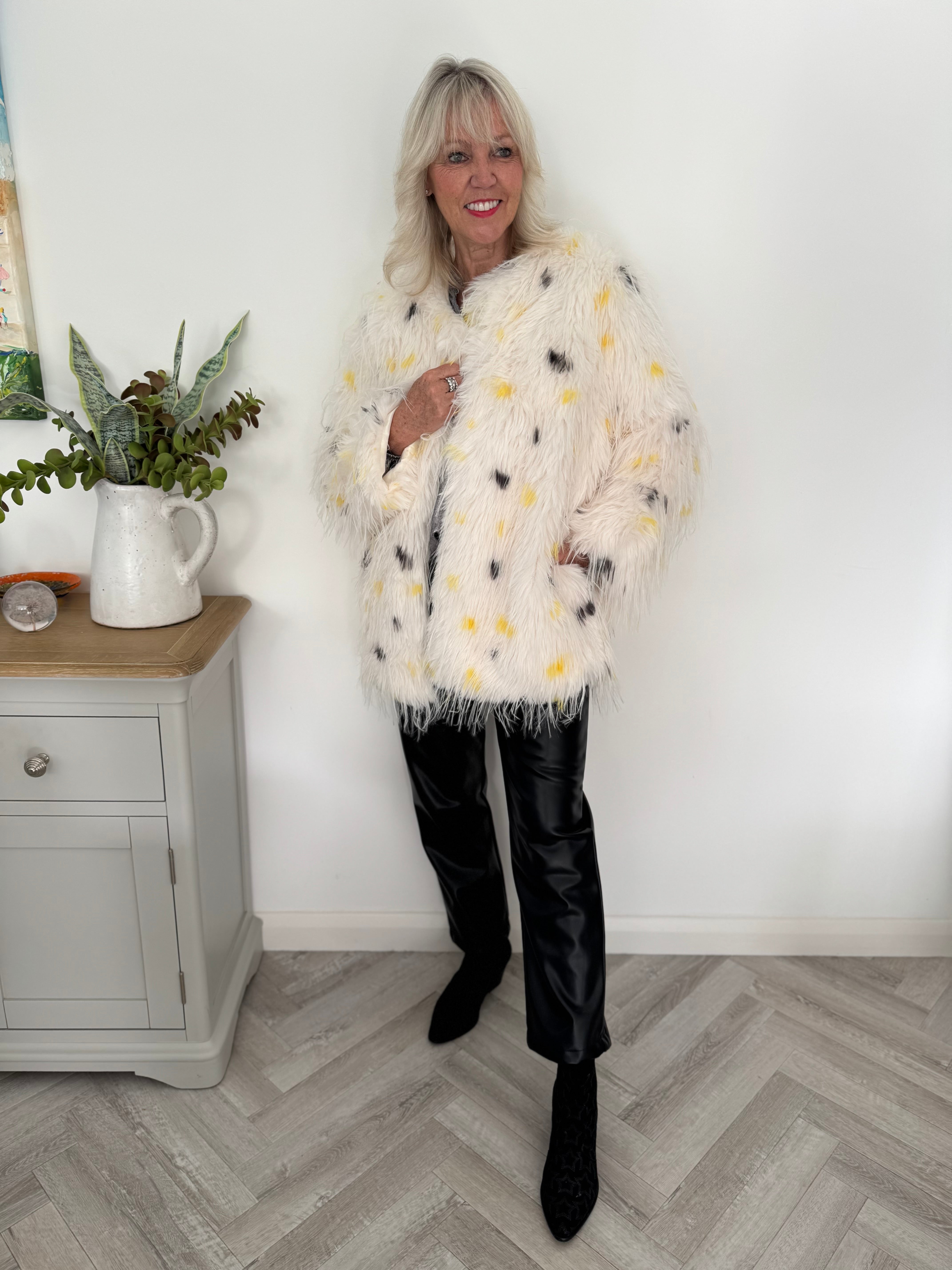 Faux Fur Spot Jacket in Yellow & Charcoal