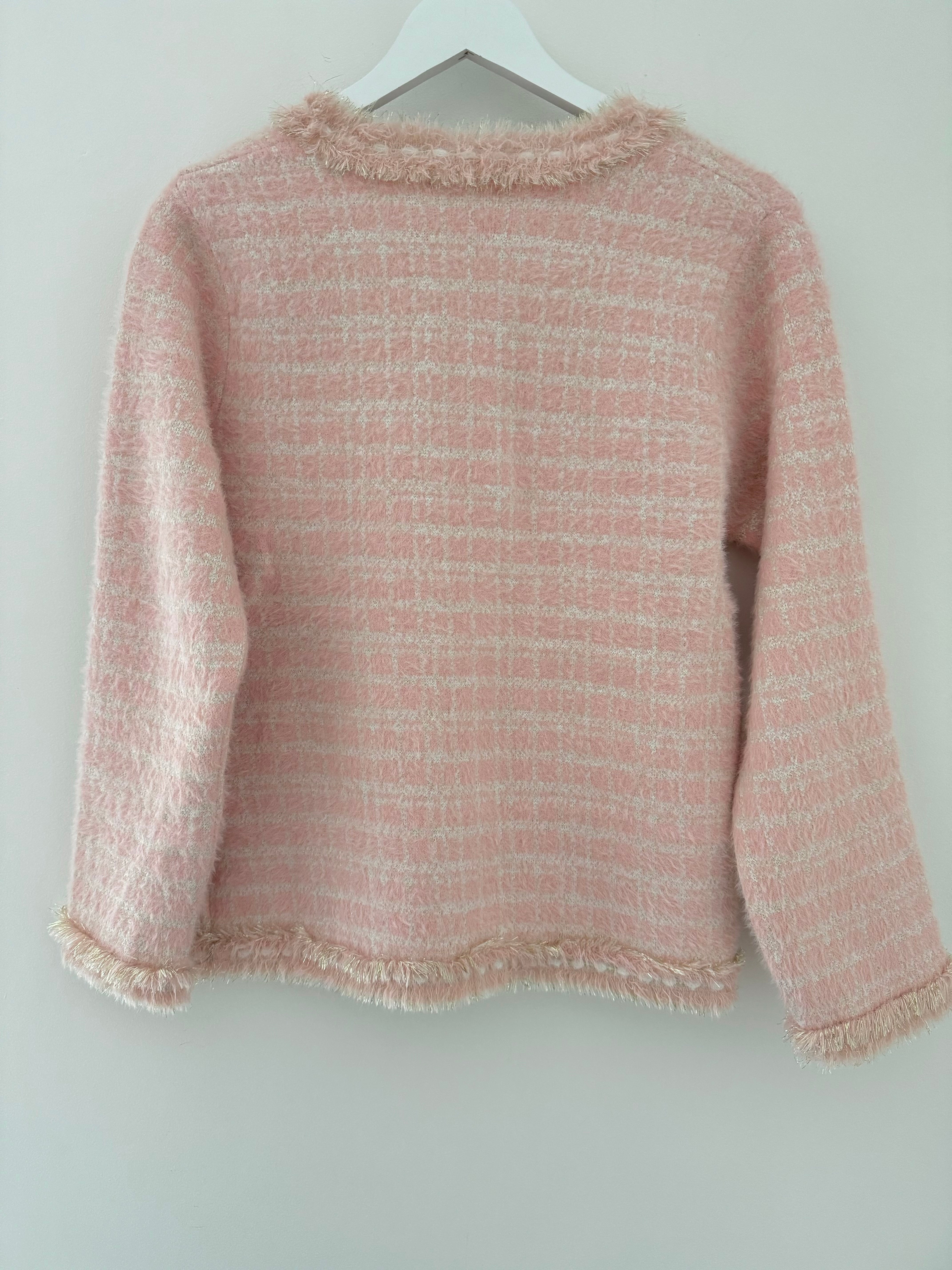 Pearl Button & Tweed Cardi Jacket in Pink