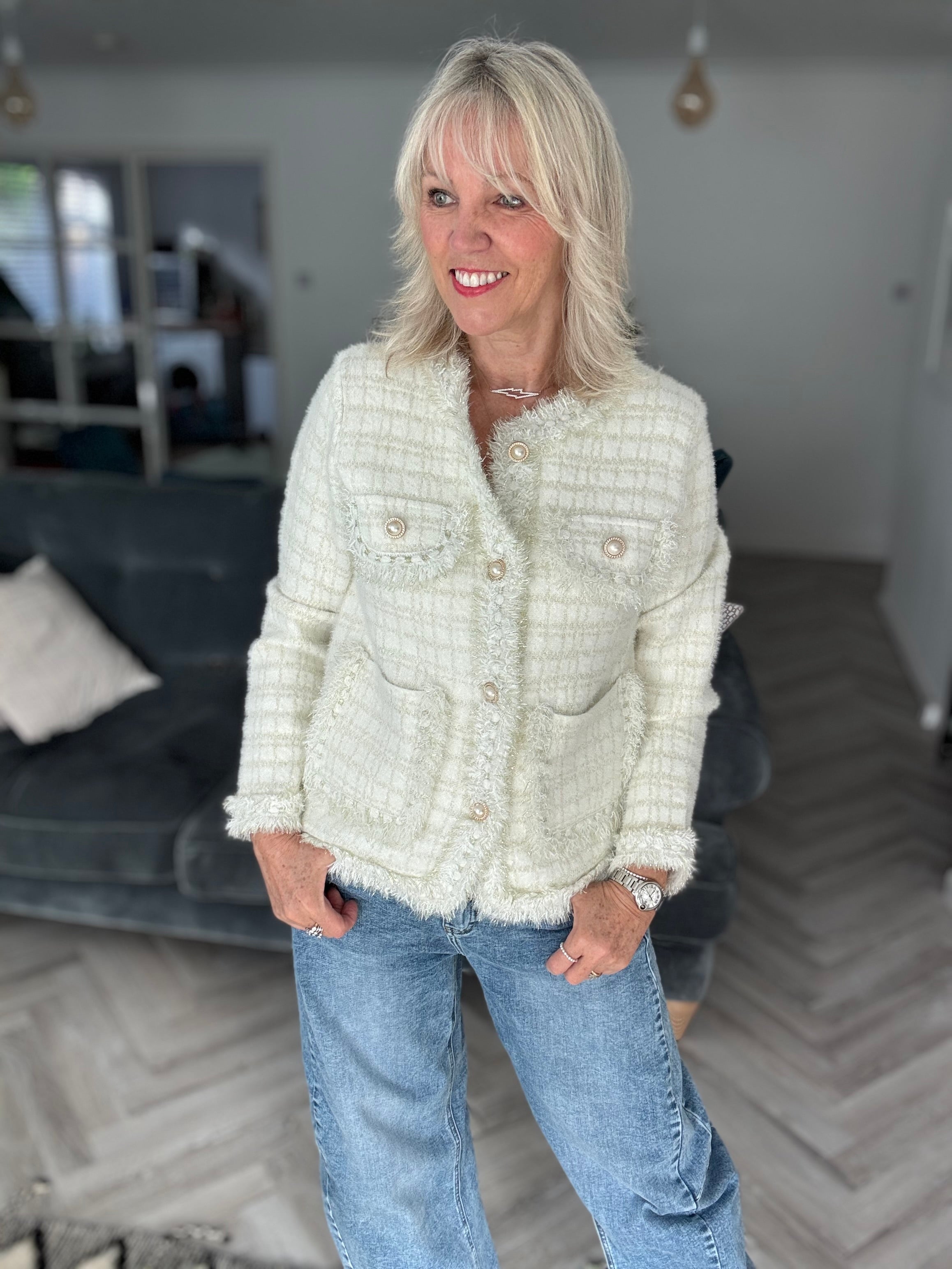 Pearl Button & Tweed Cardi Jacket in Ivory & Gold