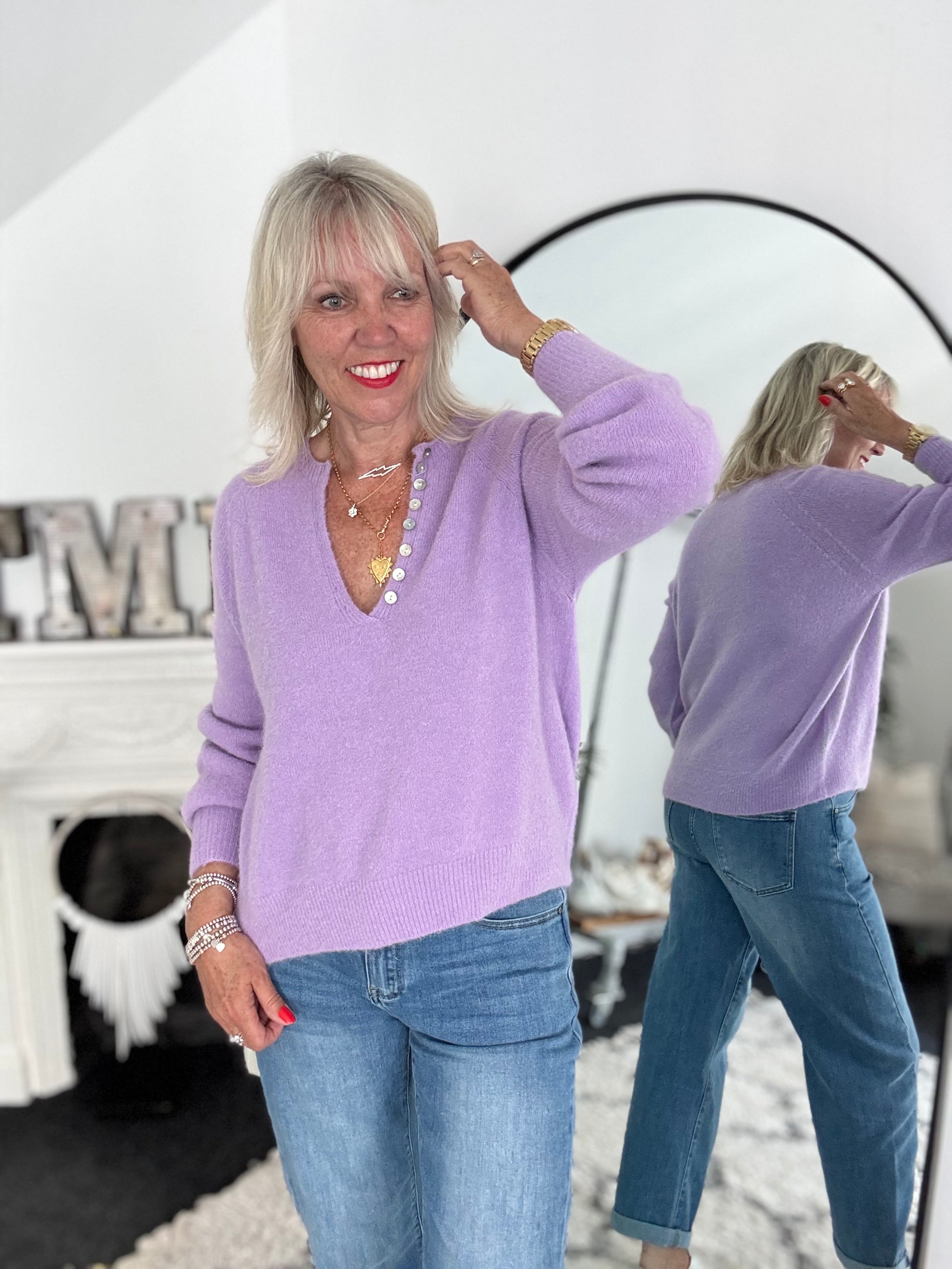 Softie Jumper with Button Neck in Lilac