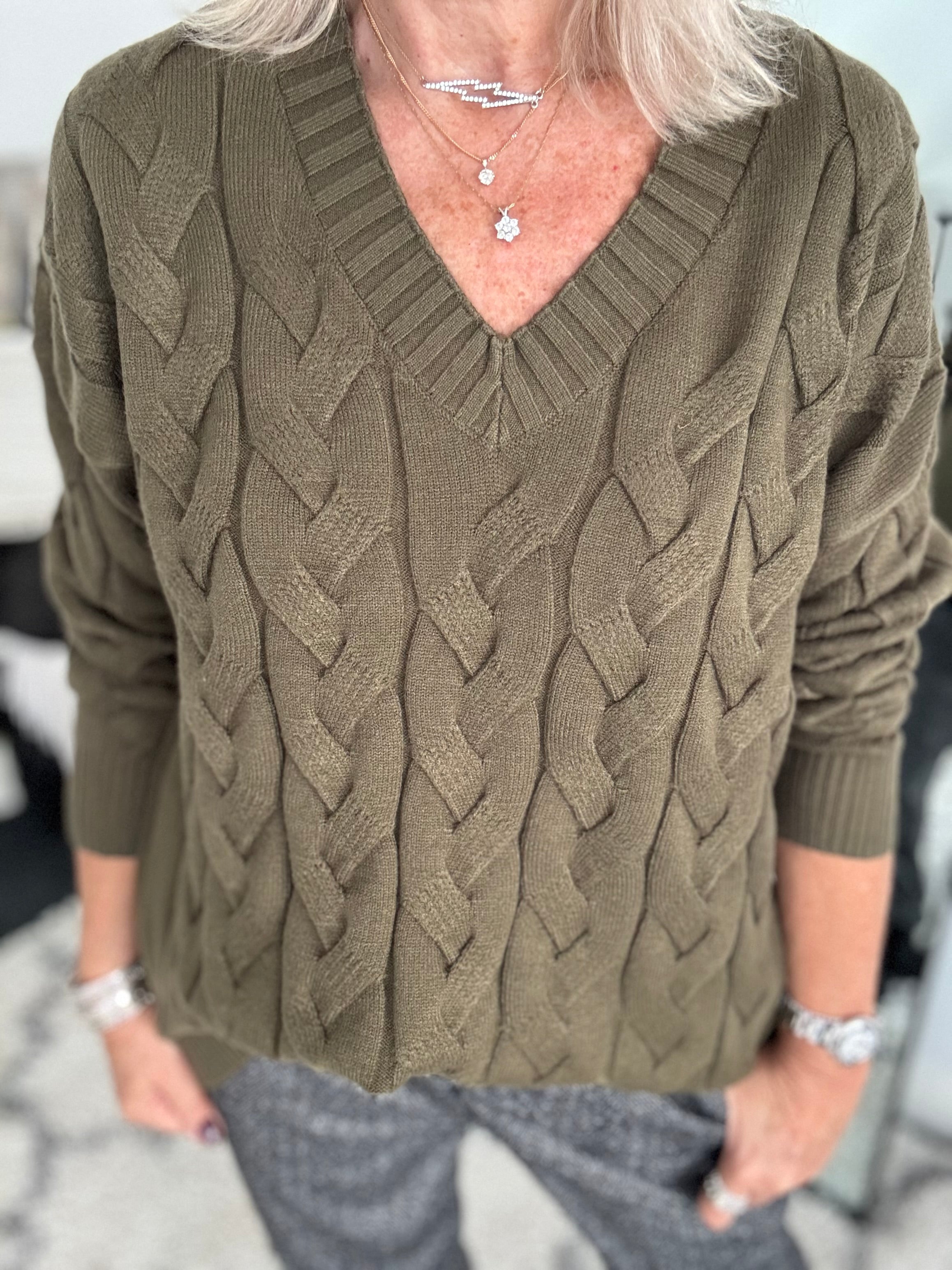 V Neck Cable Jumper in Khaki