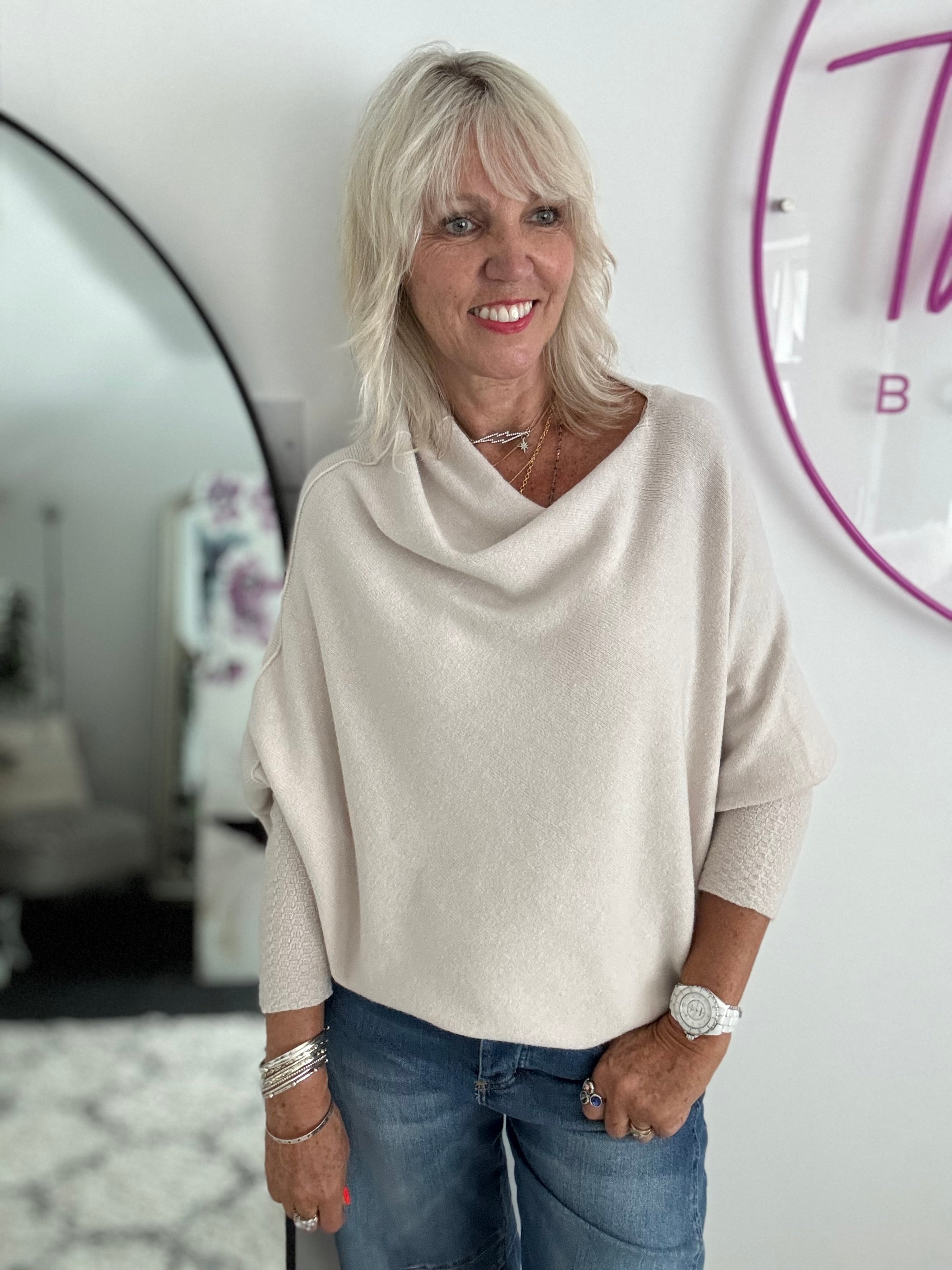 Cowl Neck Asymmetric Jumper in Ecru