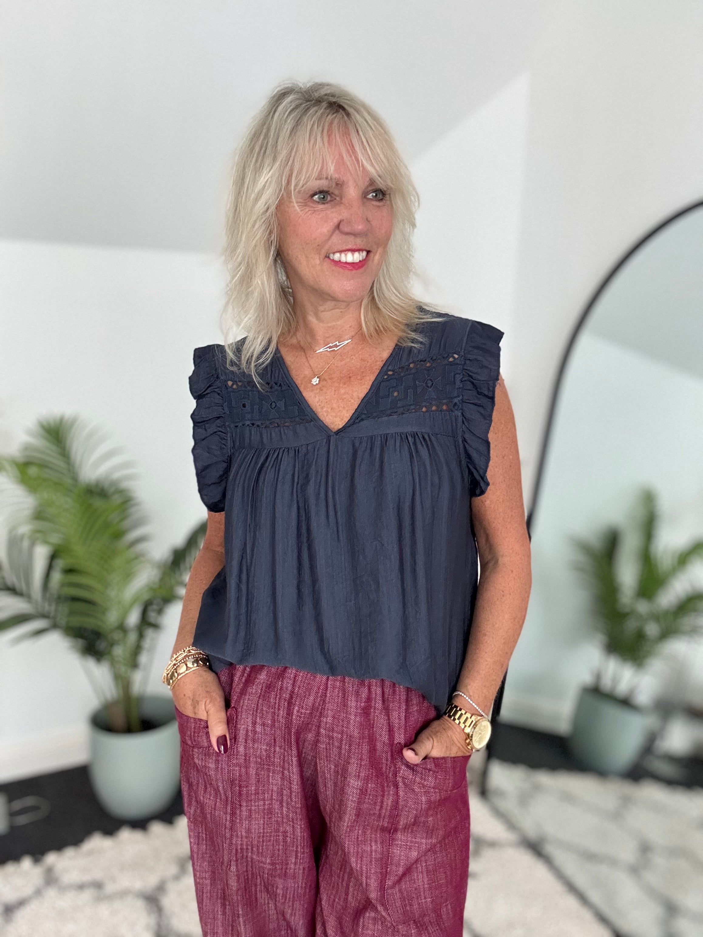 Simple V Neck Top in Navy