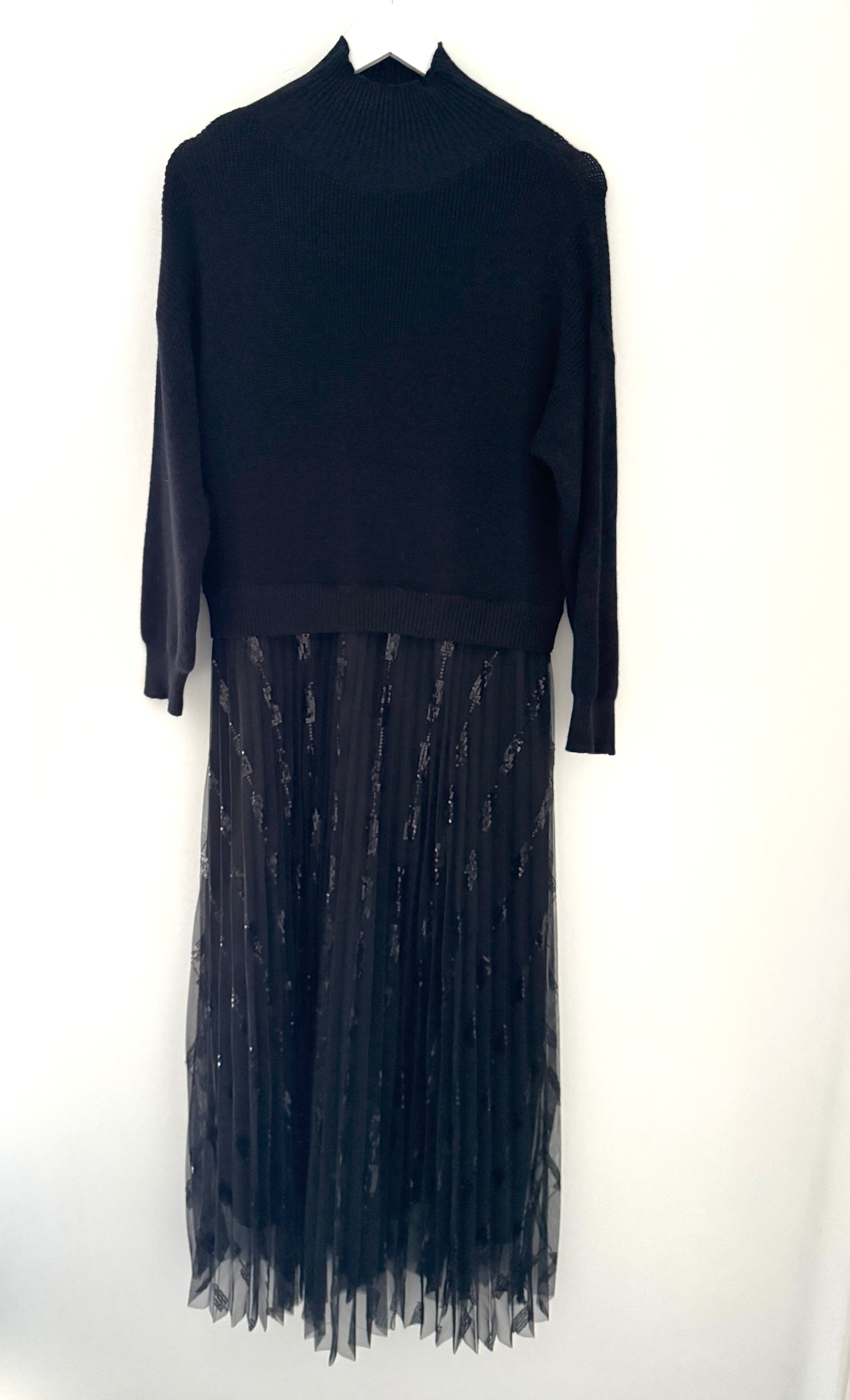 Luxe Knit & Sequin Tulle Dress in Black