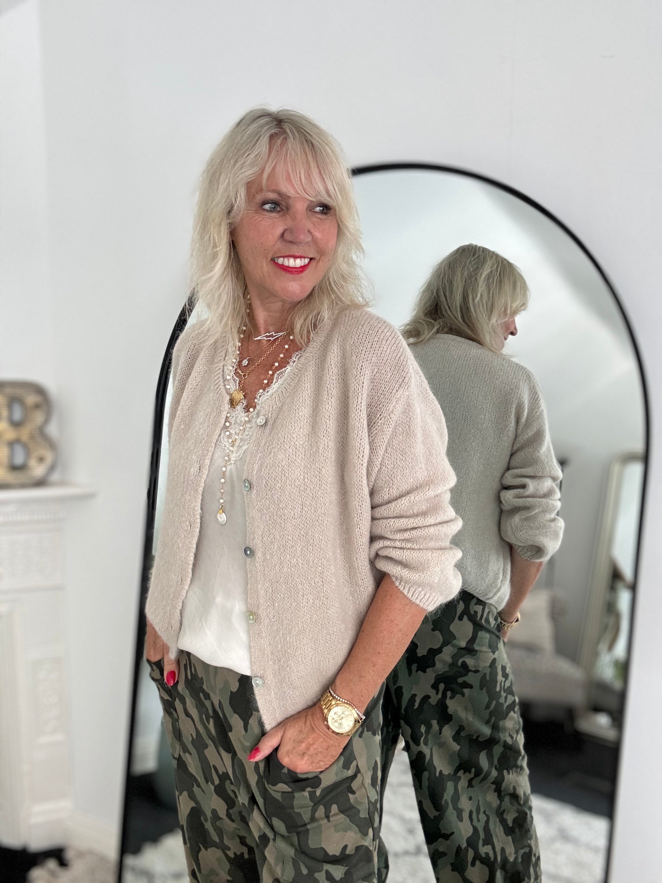 Mohair Buttoned Cardi in Stone