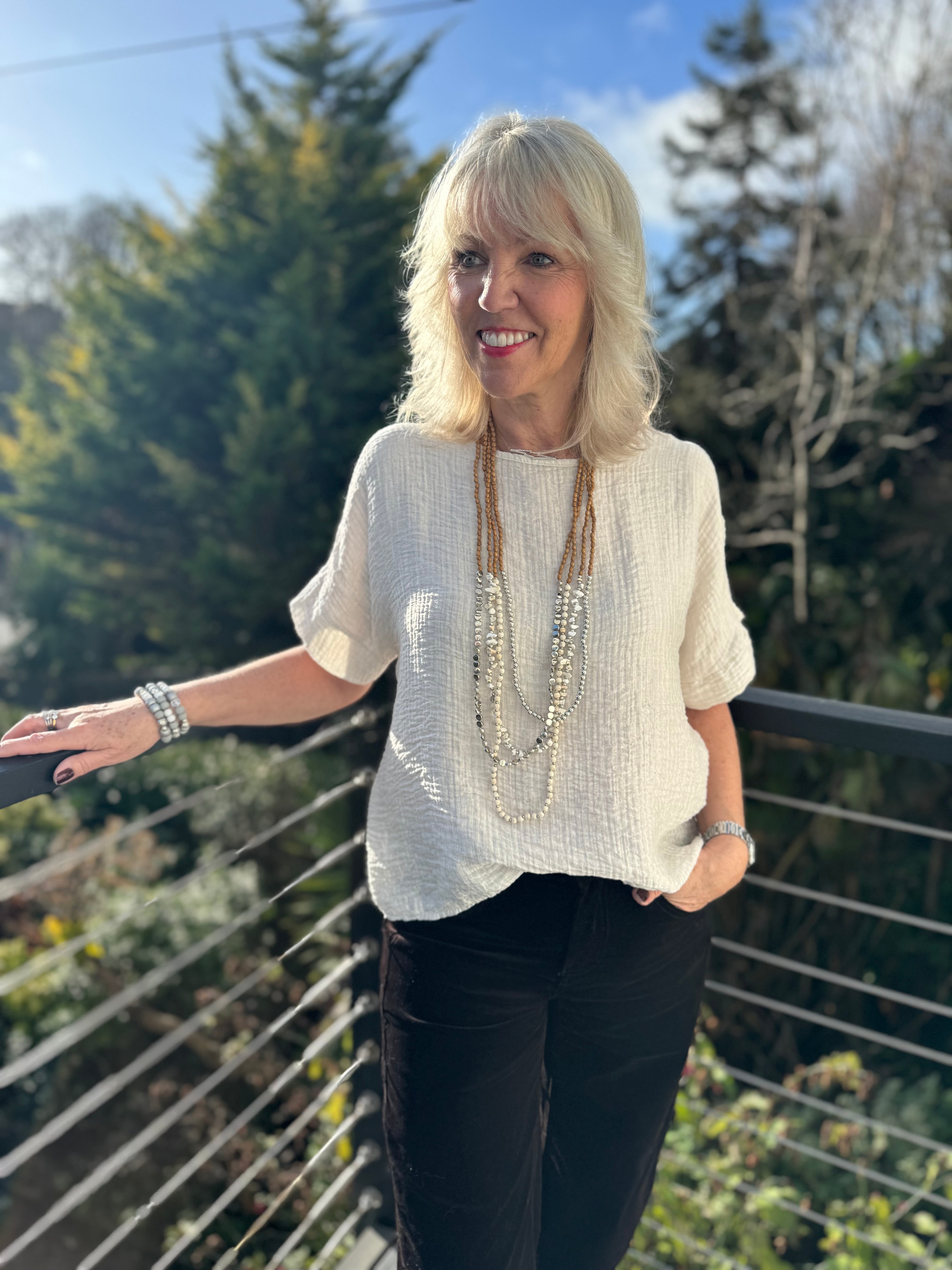 Multi Strand Bead Necklace in Tan, Silver & Ecru