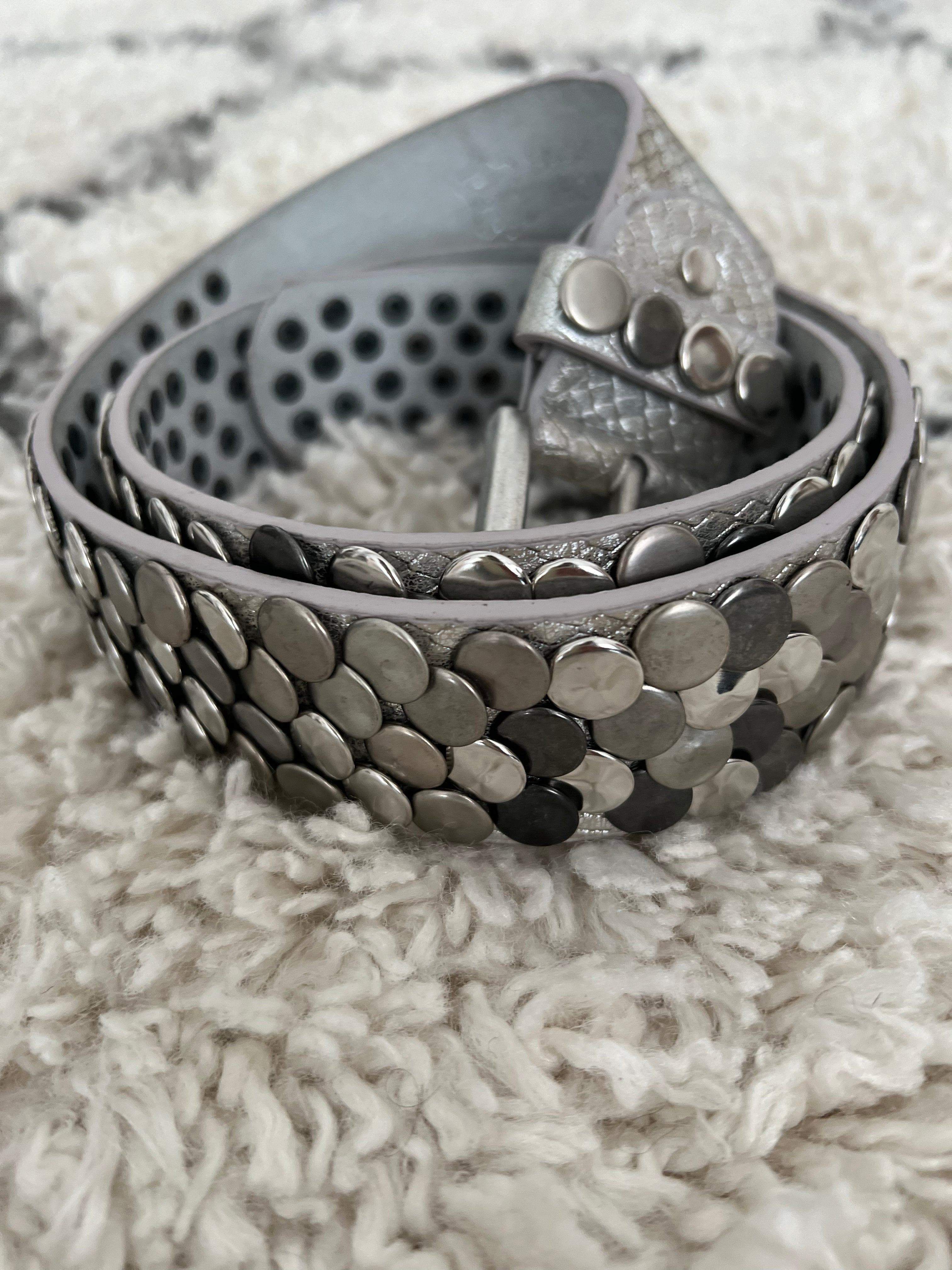 Disc Studded Leather Belt in Silver