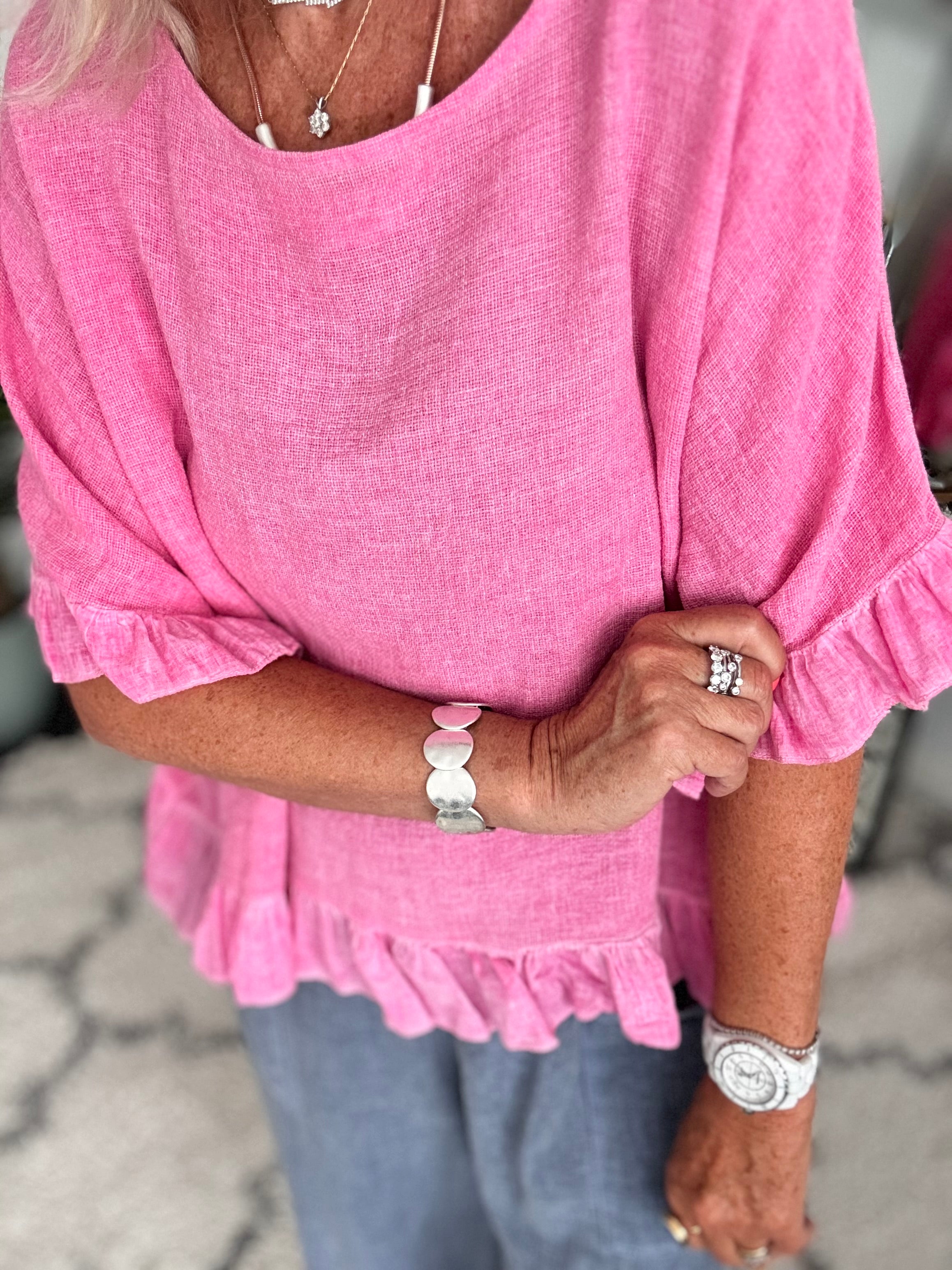Linen & Cotton Ruffle Edge Top in Candy Pink