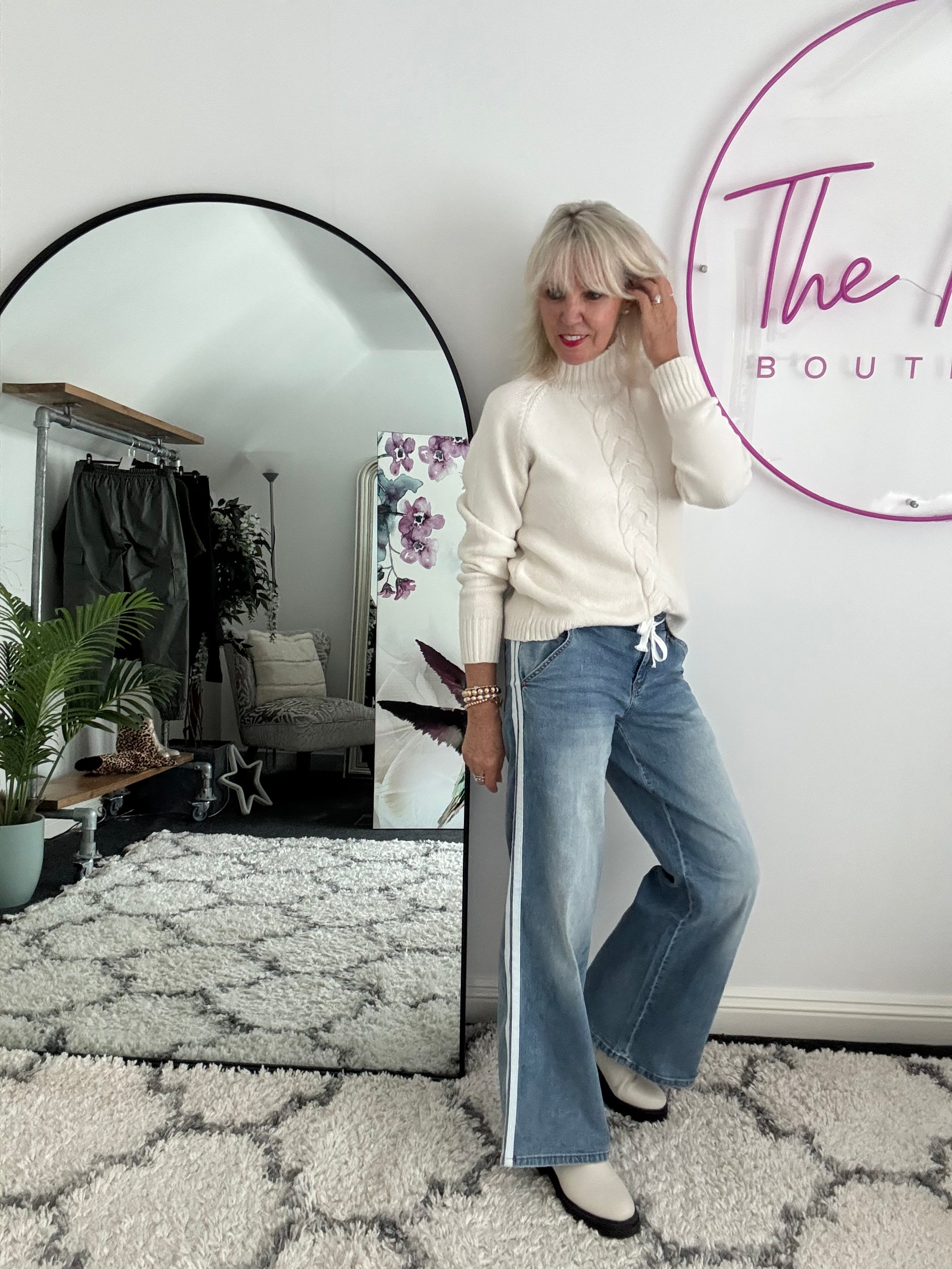 Soft Flared Jeans with Side Stripes in Light Denim