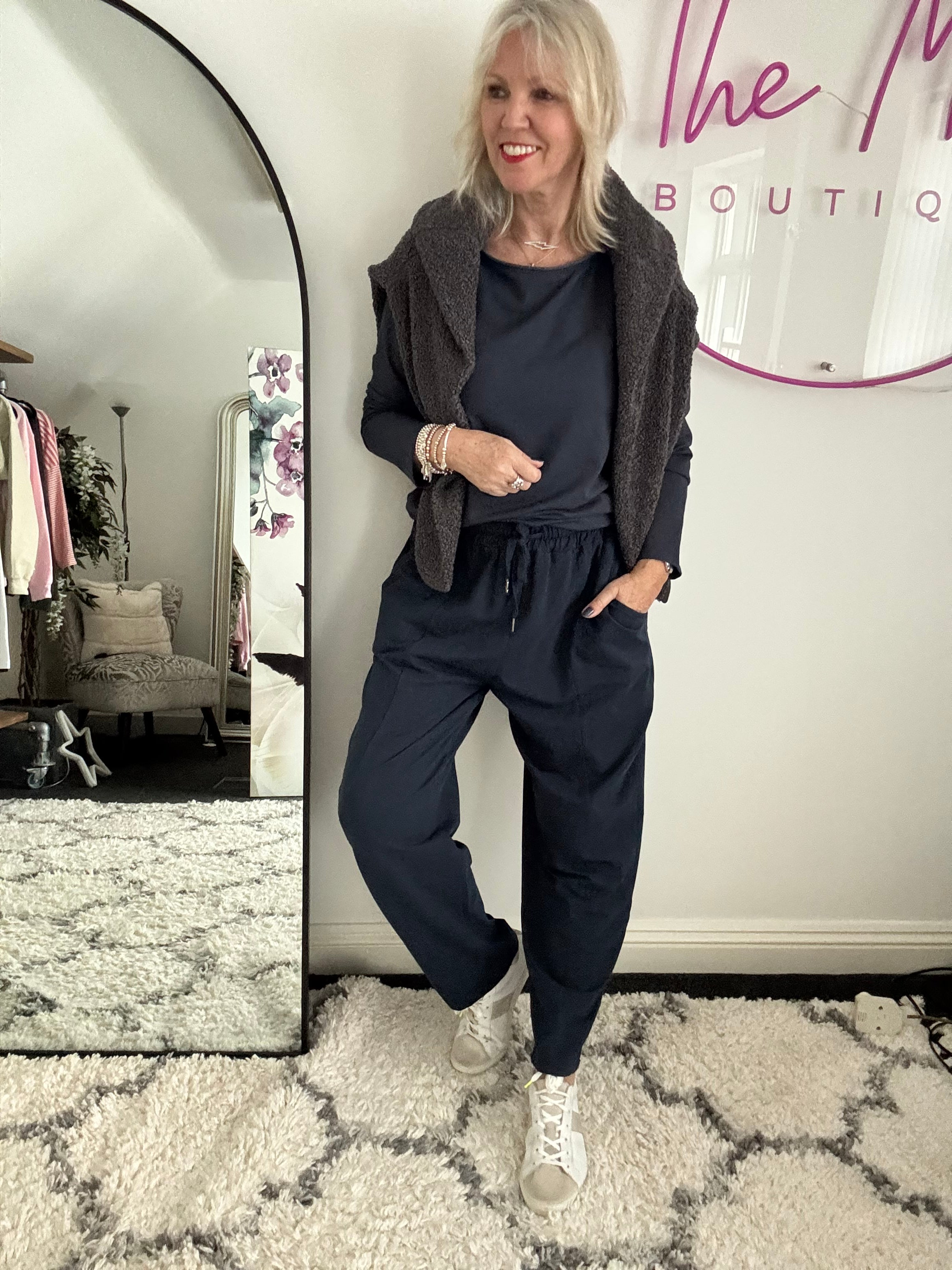 Stretch Jersey Trousers with Topstitching in Navy