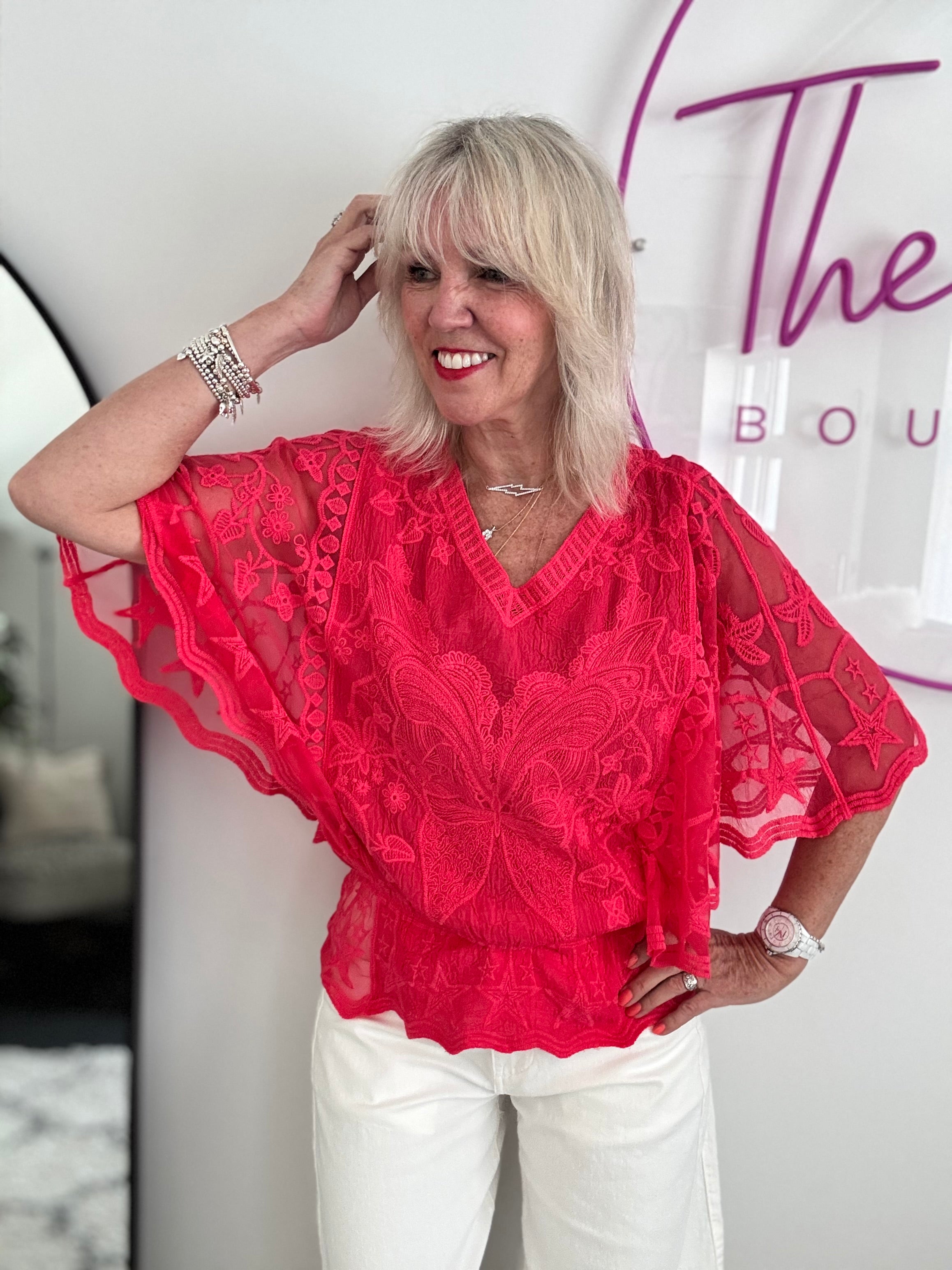 Lace Butterfly & Star Top in Coral Red