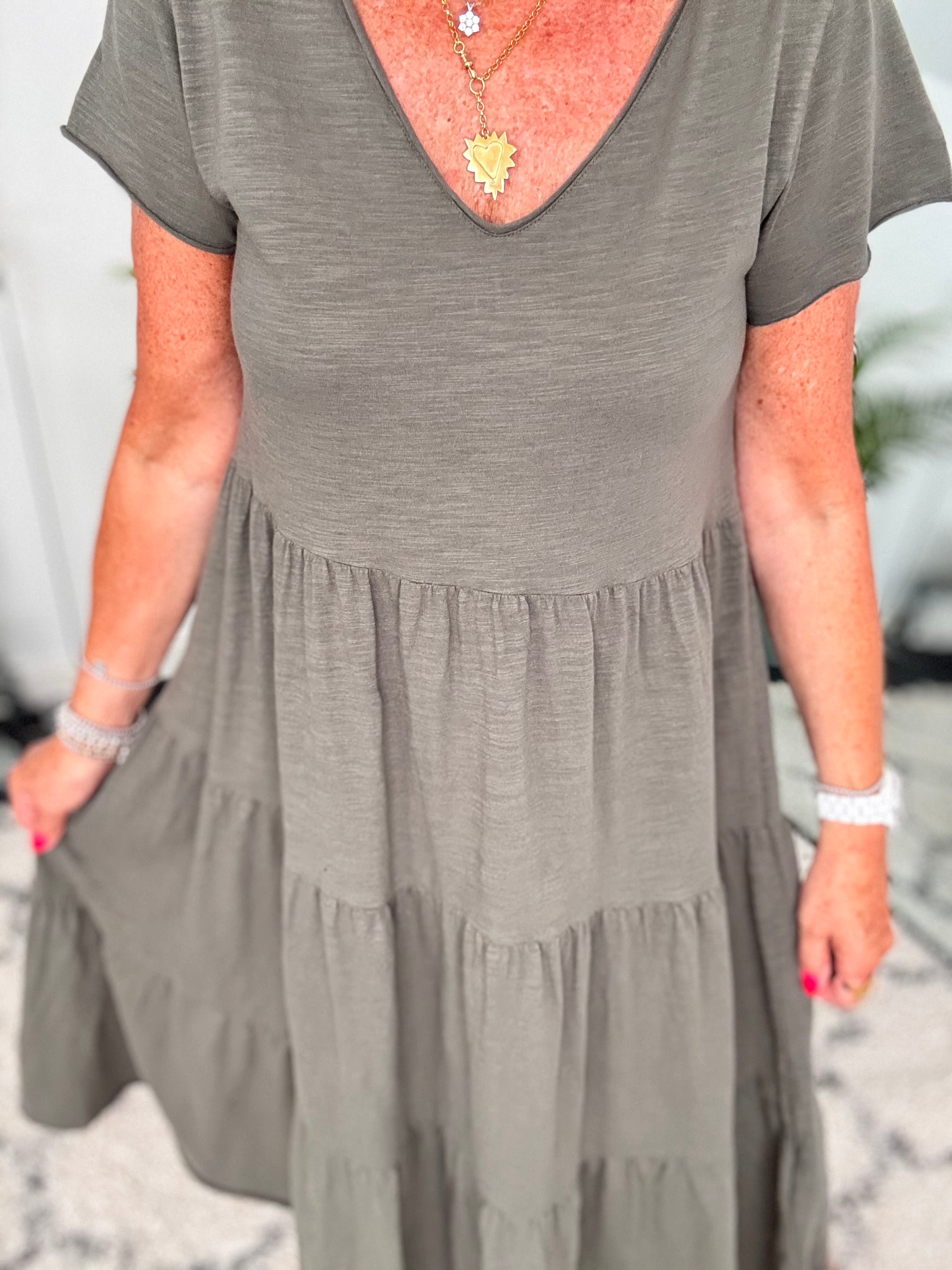 Tiered Cotton Stretch Dress in Khaki