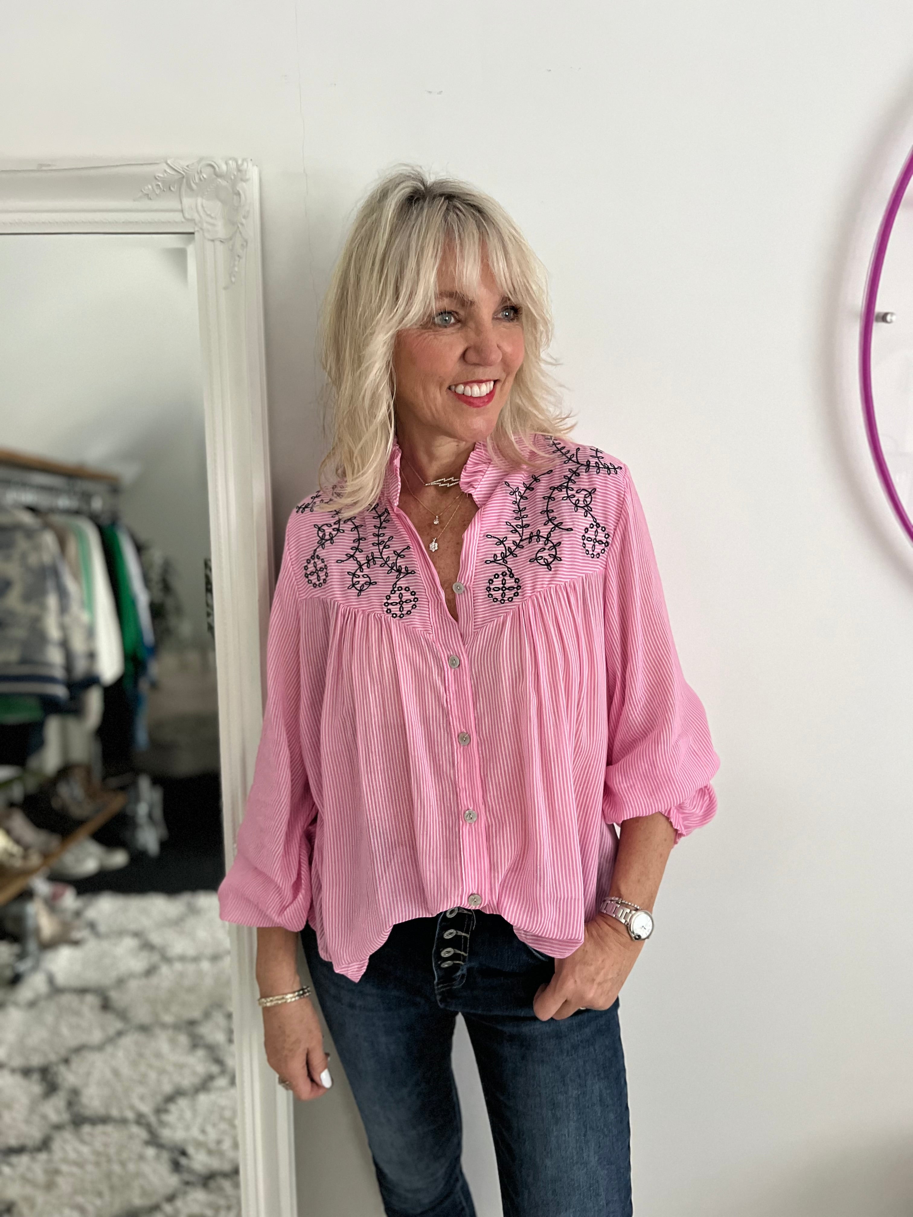Embroidered Cotton Mix Shirt in Pink