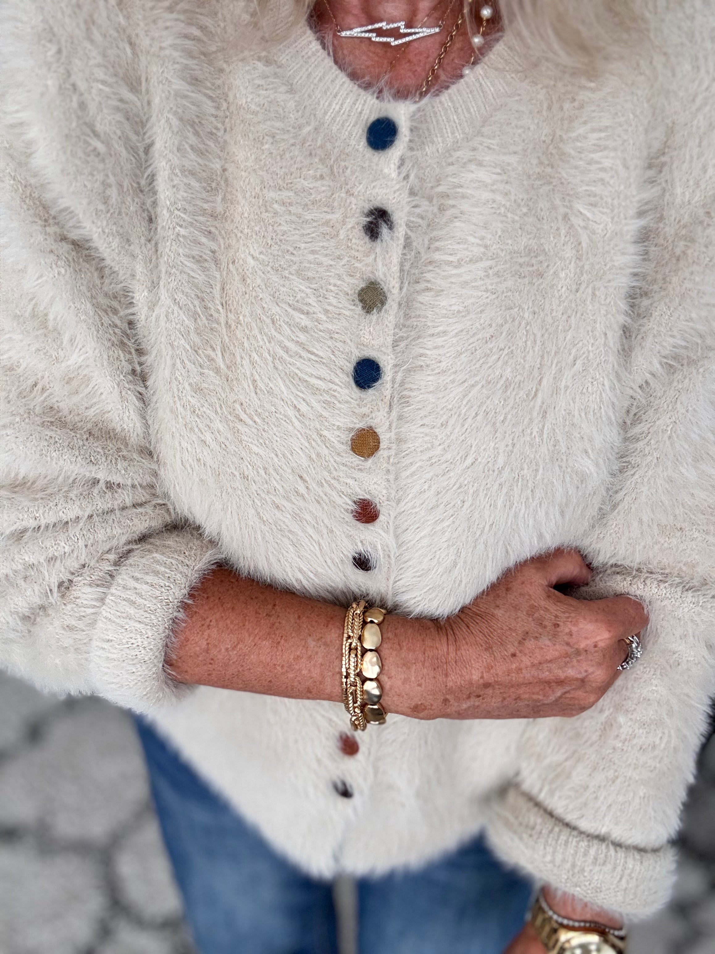 Fluffy Cardi with Multicolour Buttons in Ecru