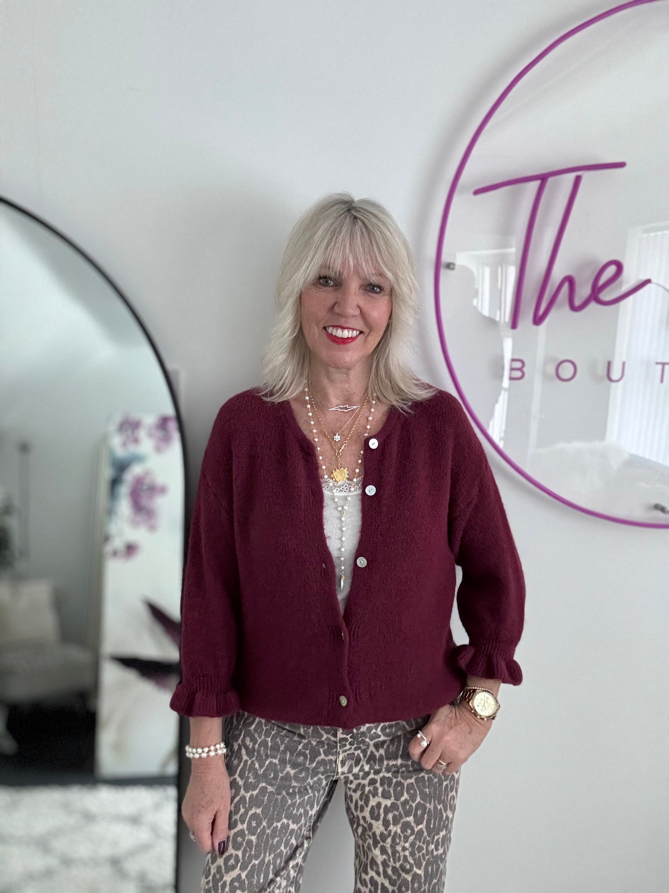 Alpaca Cardi with Frill Cuffs in Wine